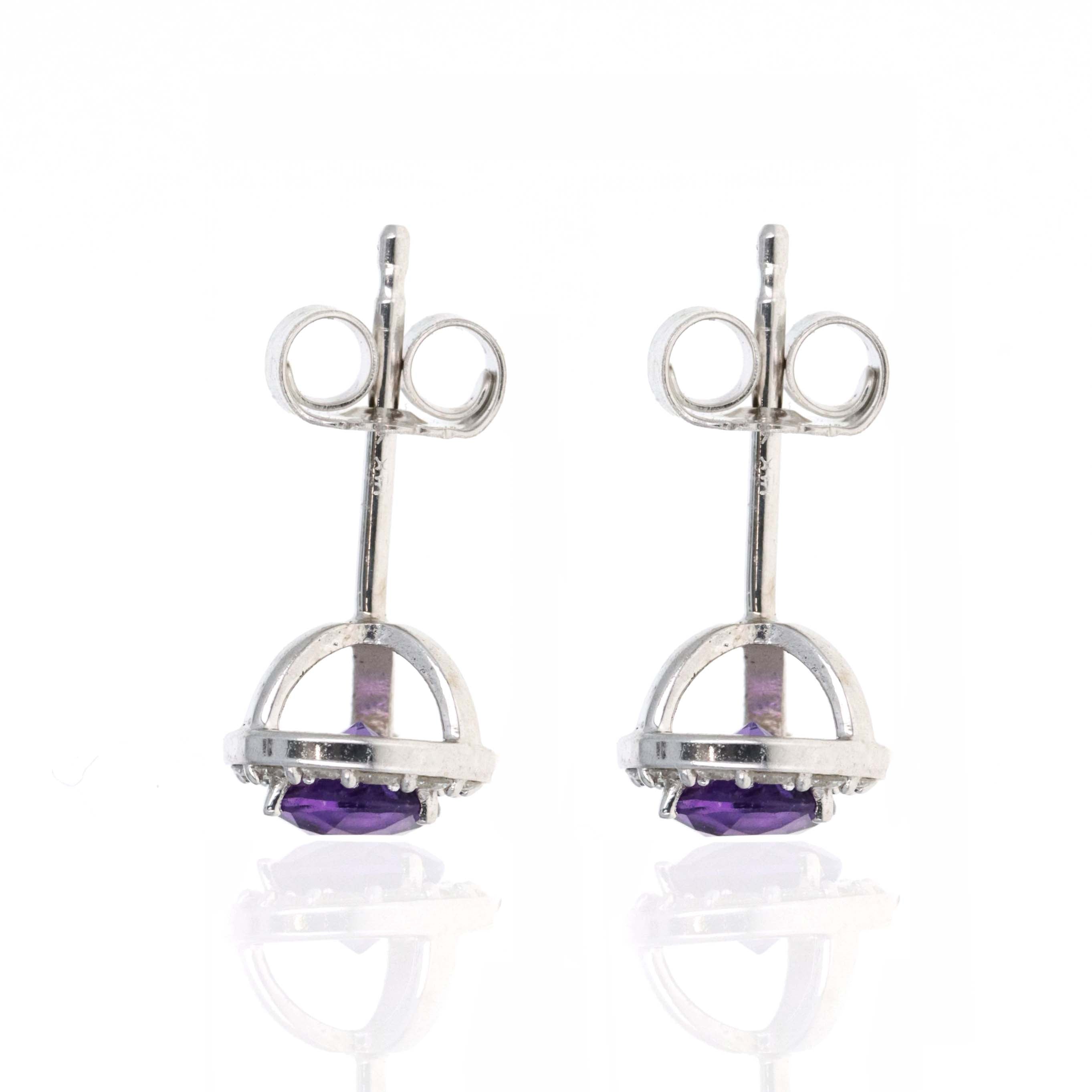 14K White Gold Diamond Halo Birth Stone Stud Earrings - Queen May