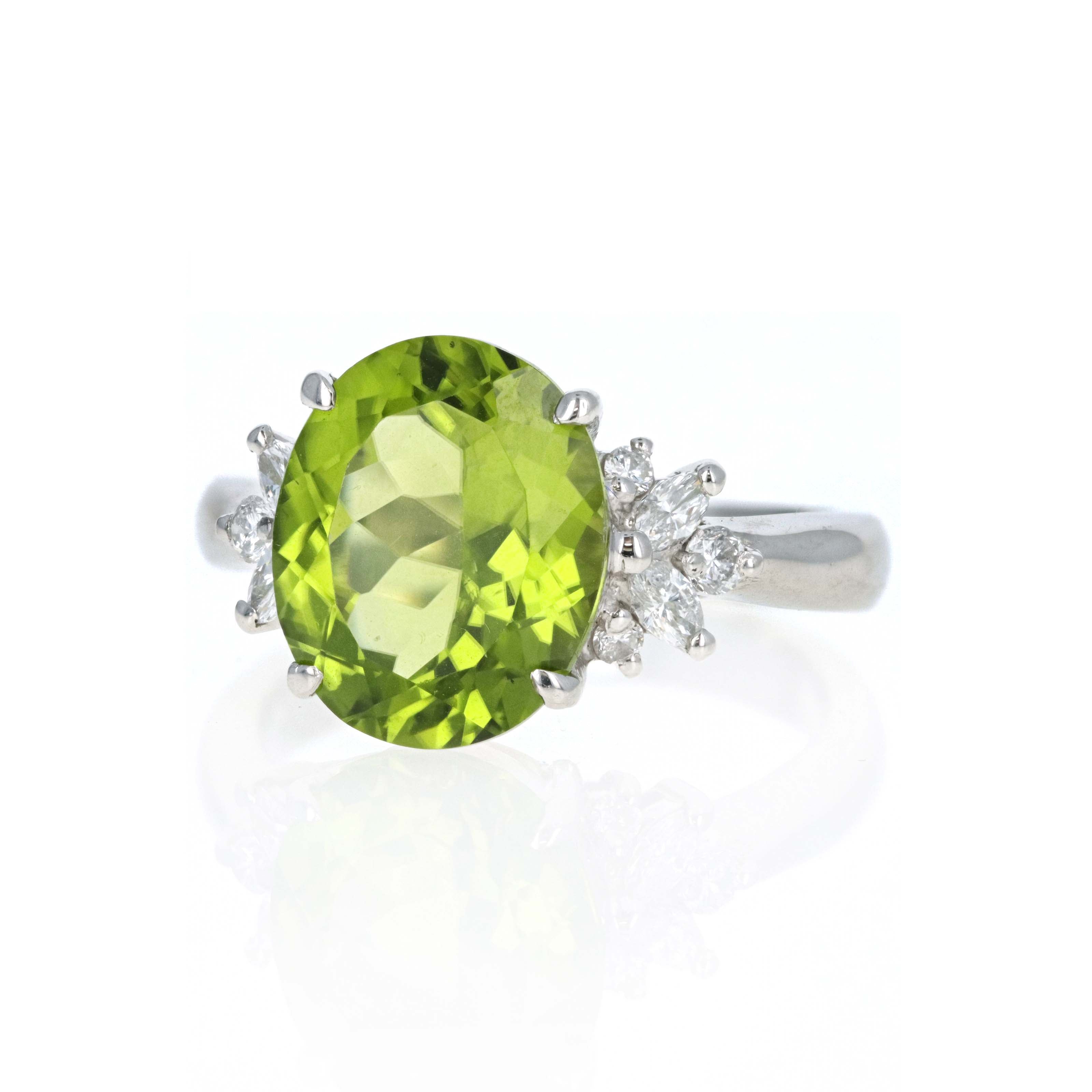 Platinum 6.45 Carat Oval Peridot Diamond Accented Ring - Queen May
