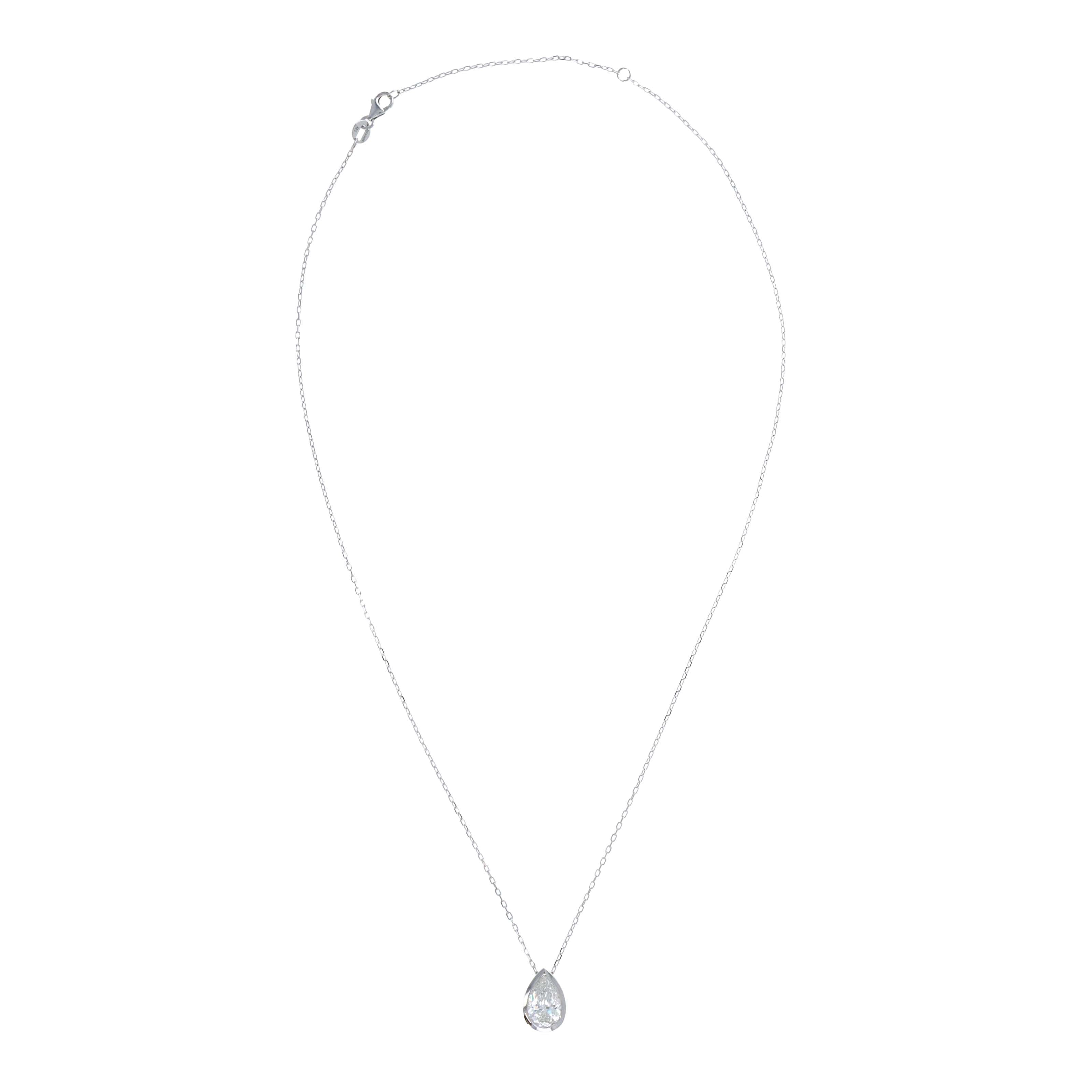 Lab Grown 2.02 Carat Diamond Pear Bezel Pendant Necklace 14K White Gold - Queen May