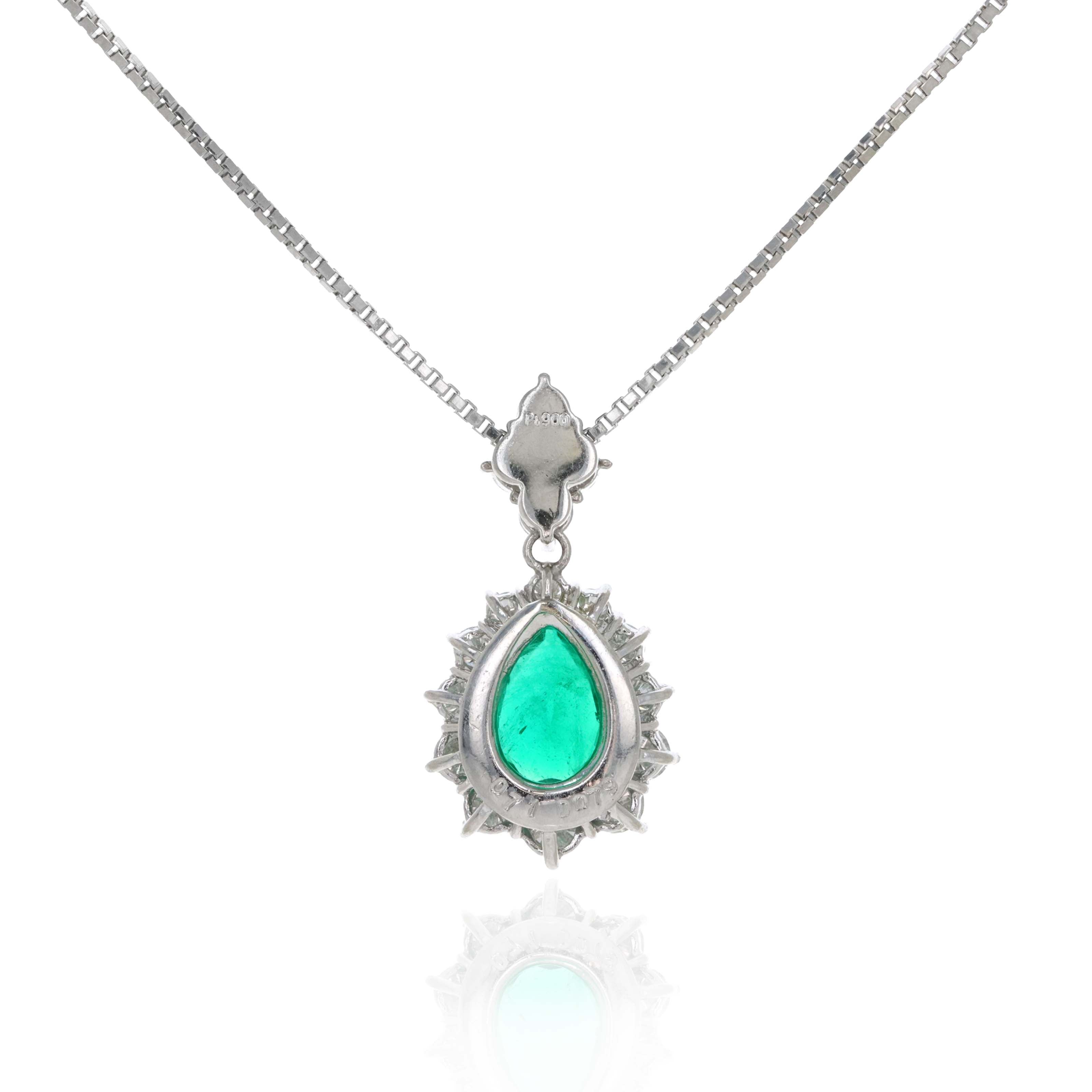 Platinum 0.71 Carat Pear Emerald Diamond Halo Pendant Necklace - Queen May