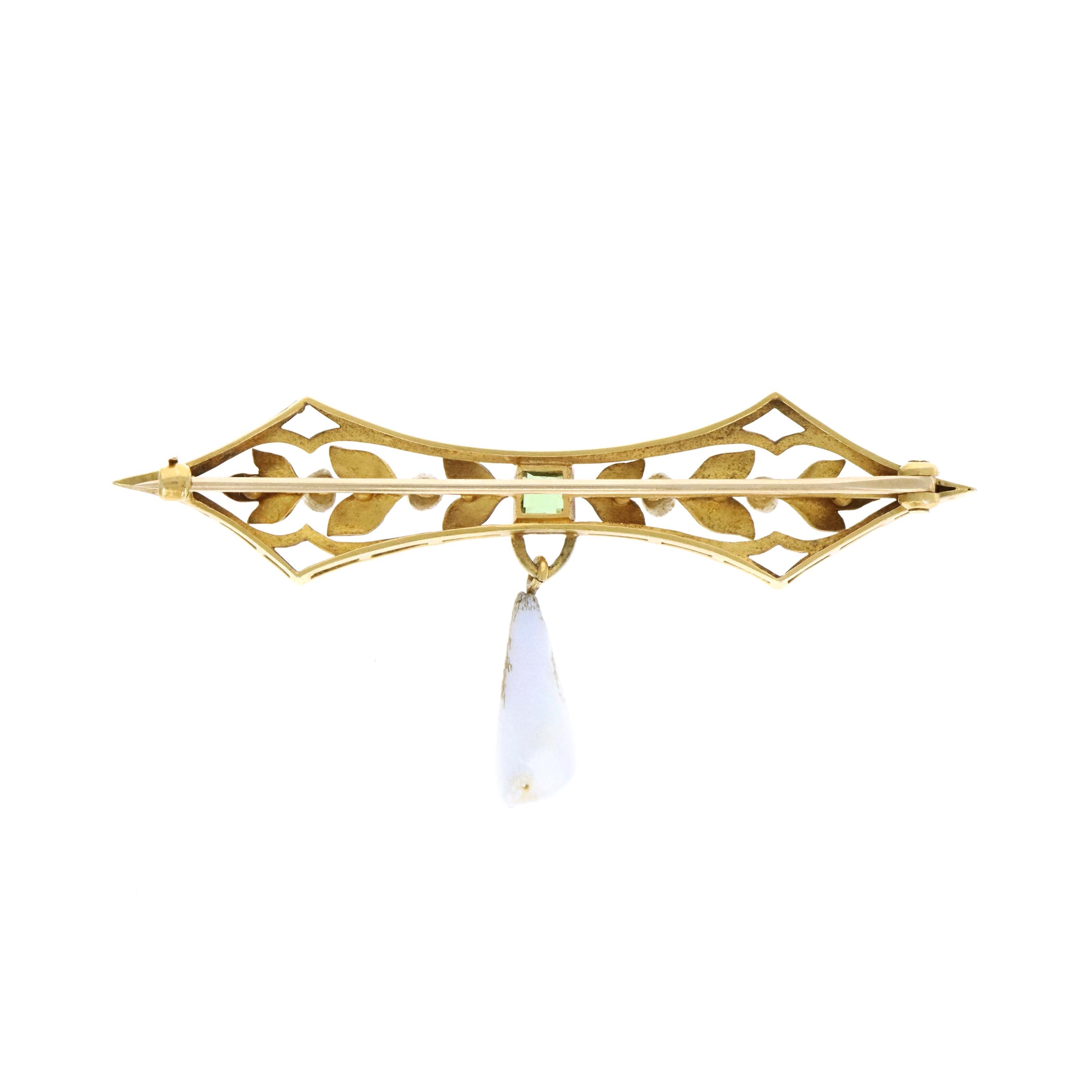 Victorian 14K Yellow Gold 0.35 Carat Peridot & Natural Pearl Brooch - Queen May