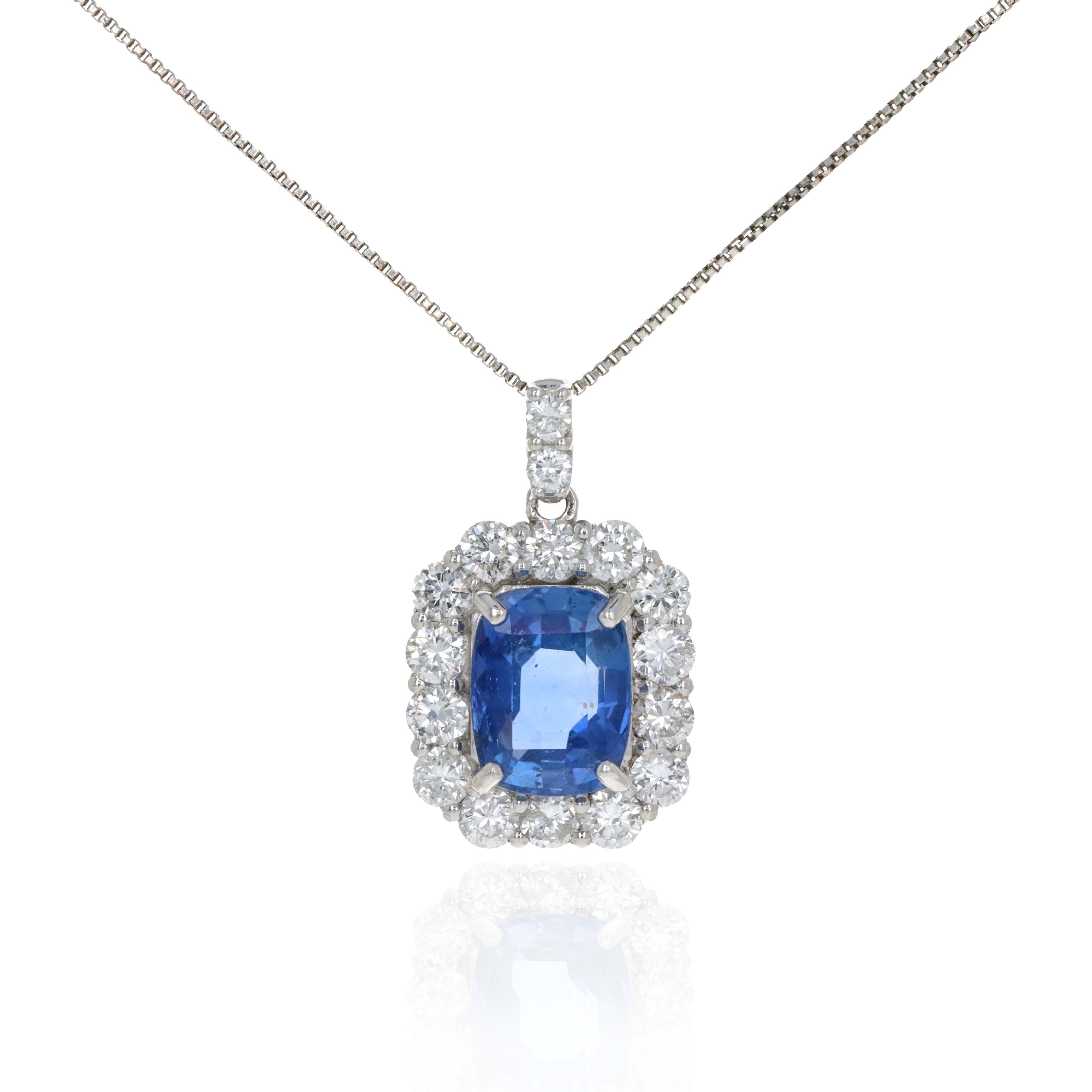 Platinum 3.37 Carat Cushion No Heat Sapphire Diamond Halo Pendant Necklace - Queen May