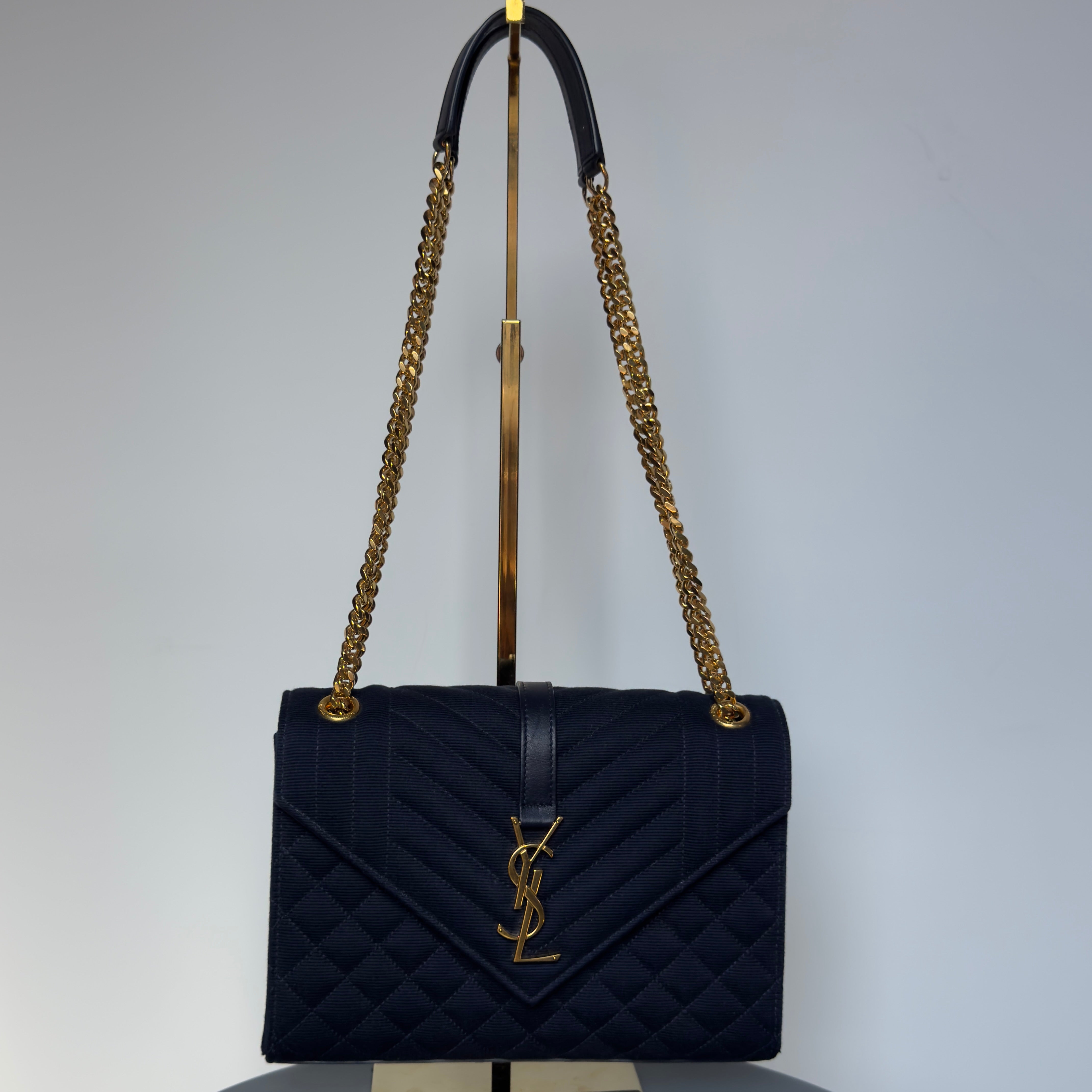 Saint Laurent Envelope Triquilt Chain Shoulder Bag Navy - Queen May