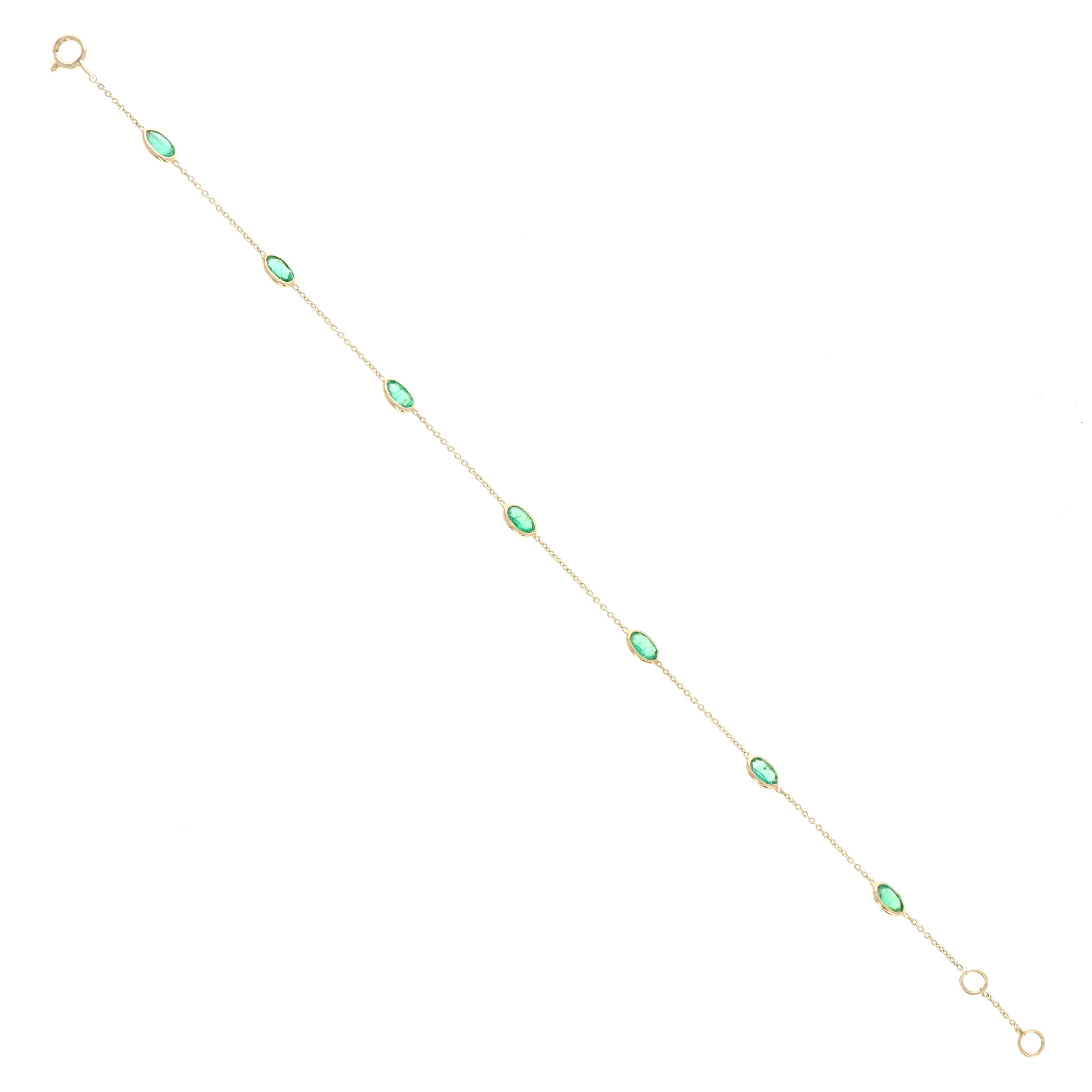 14K Yellow Gold 1.39 Carat Emerald Oval Bezel Bracelet