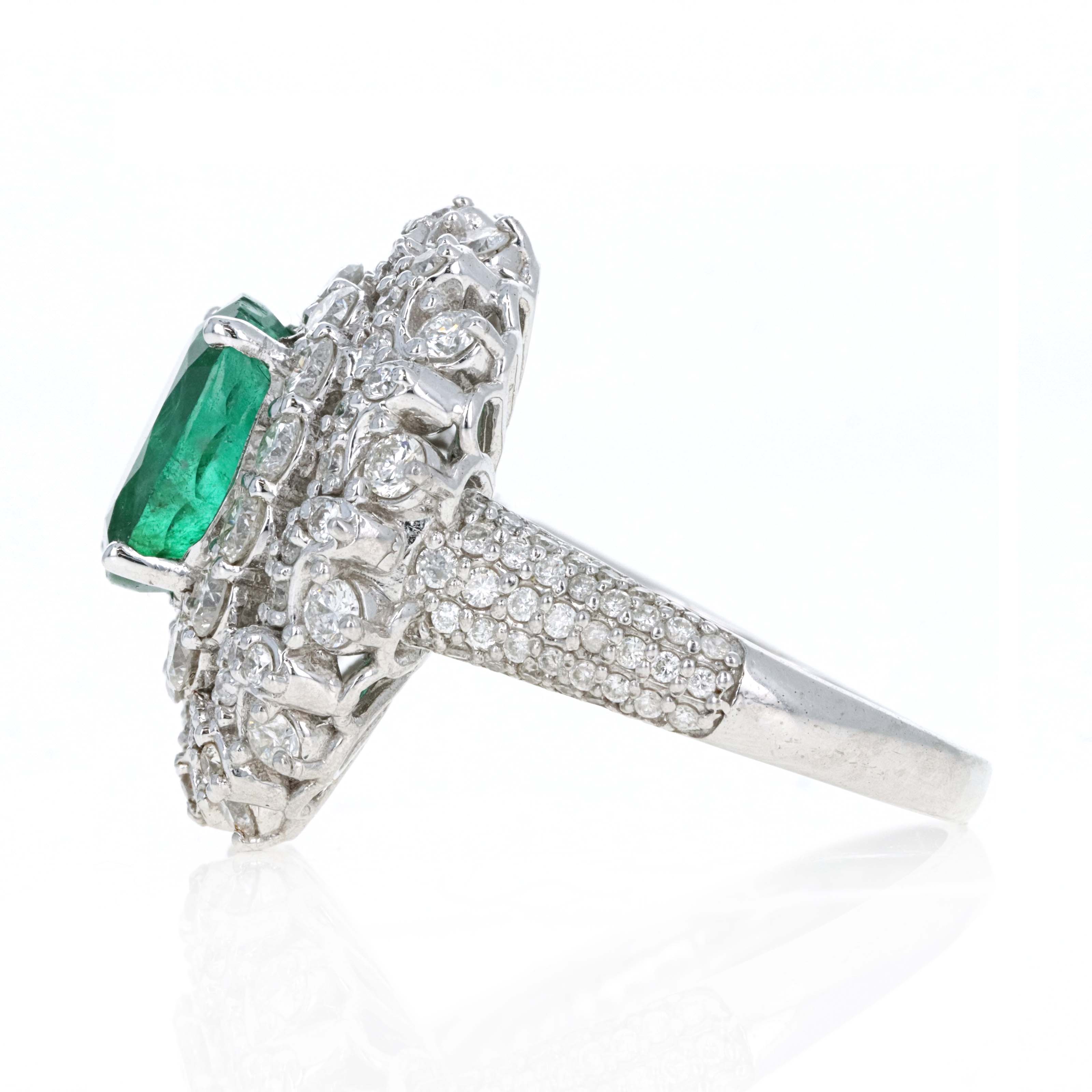 14K White Gold 2.5 Carat Oval Emerald Diamond Halo Ring