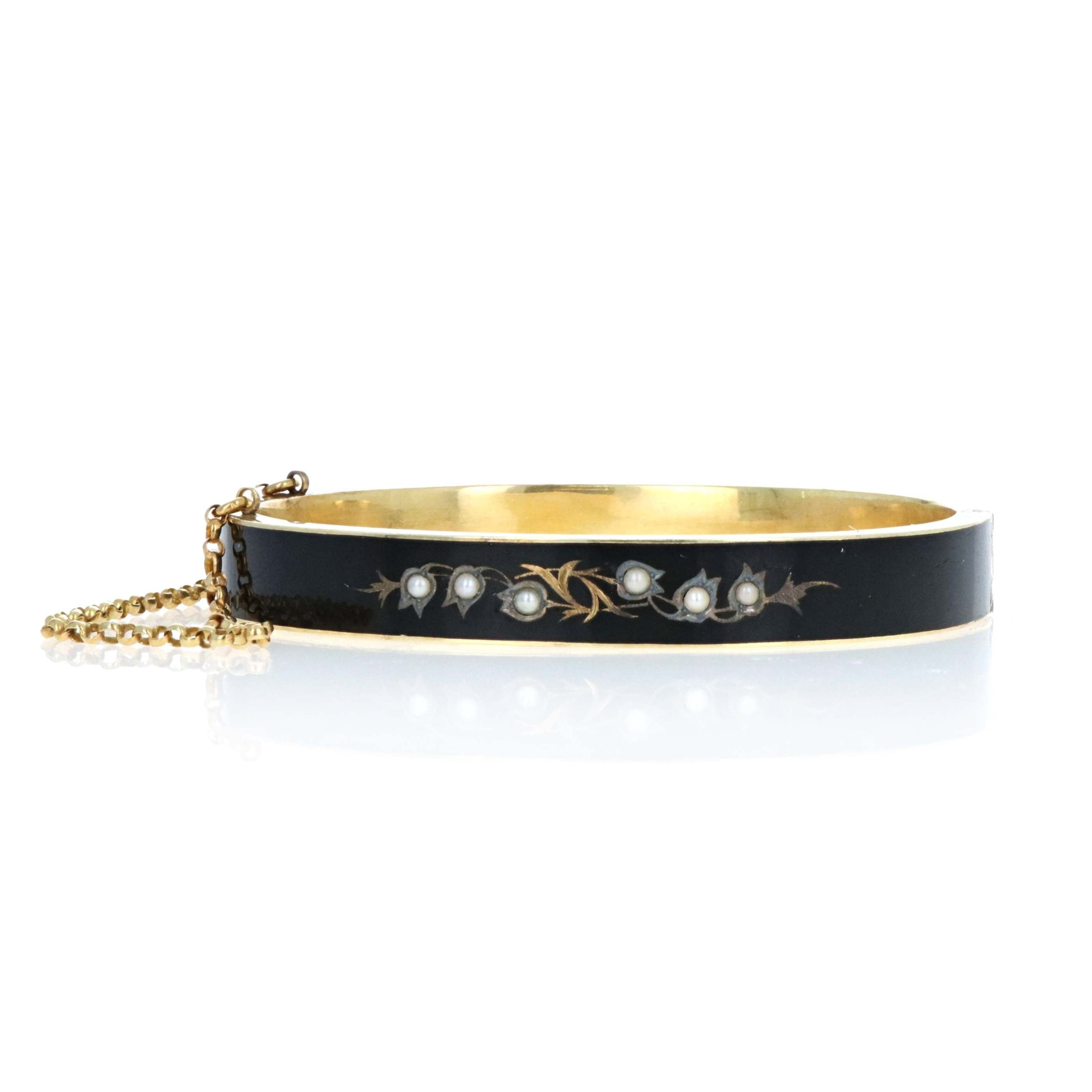 Pair Of 9K Yellow Gold Victorian Black Enamel "Lily Of The Valley" Bangle Bracelets - Queen May