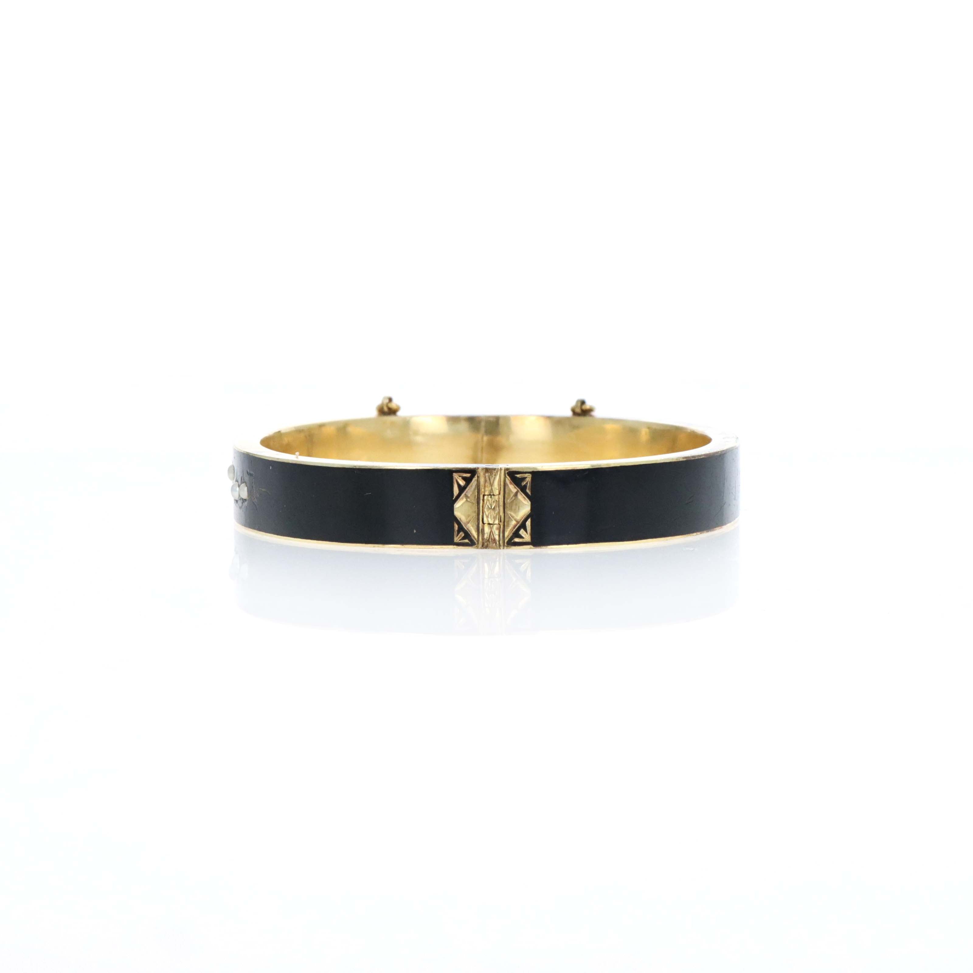 Pair Of 9K Yellow Gold Victorian Black Enamel "Lily Of The Valley" Bangle Bracelets - Queen May