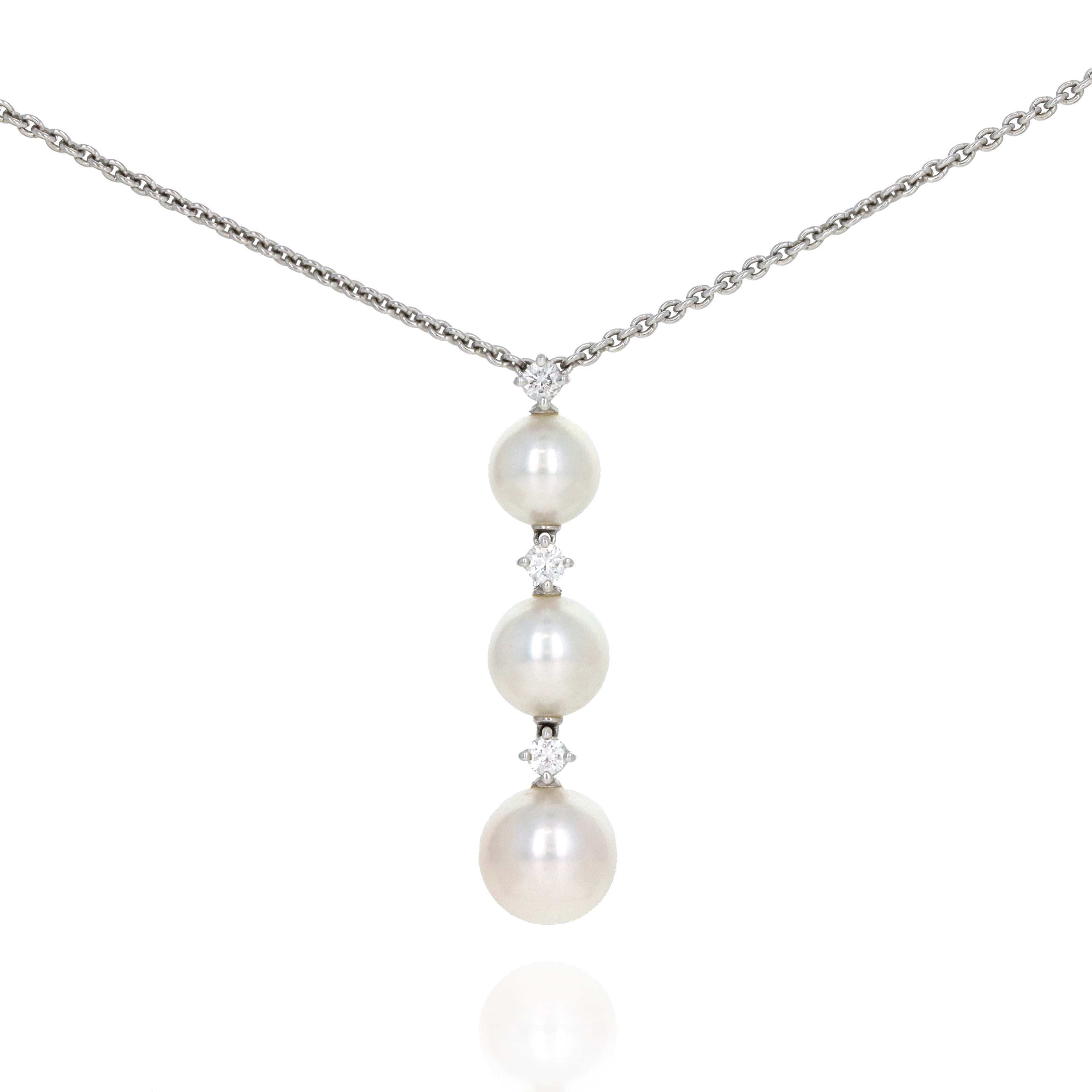 Mikimoto 18K White Gold Graduated Pearl Diamond Pendant Necklace - Queen May