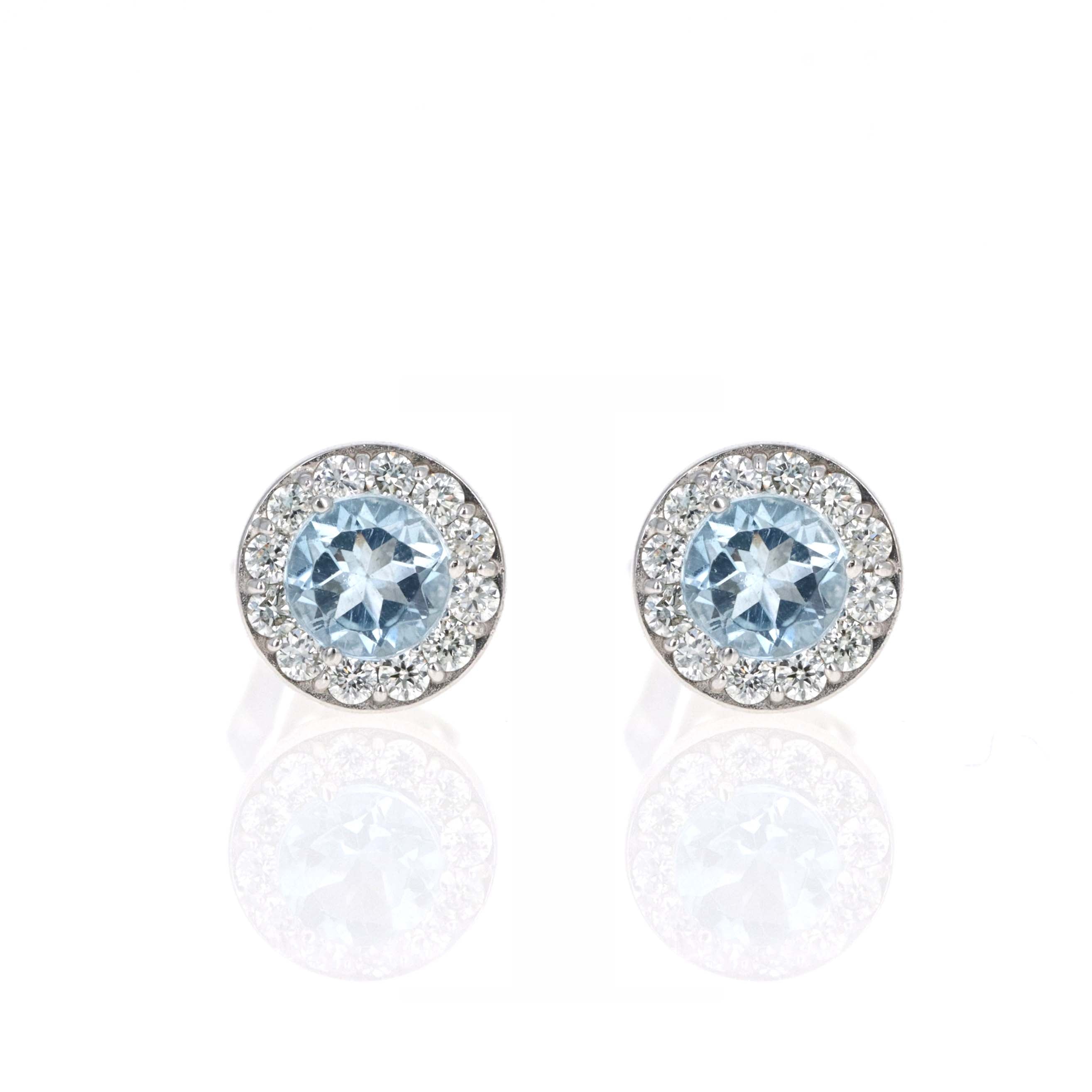 14K White Gold Diamond Halo Birth Stone Stud Earrings - Queen May