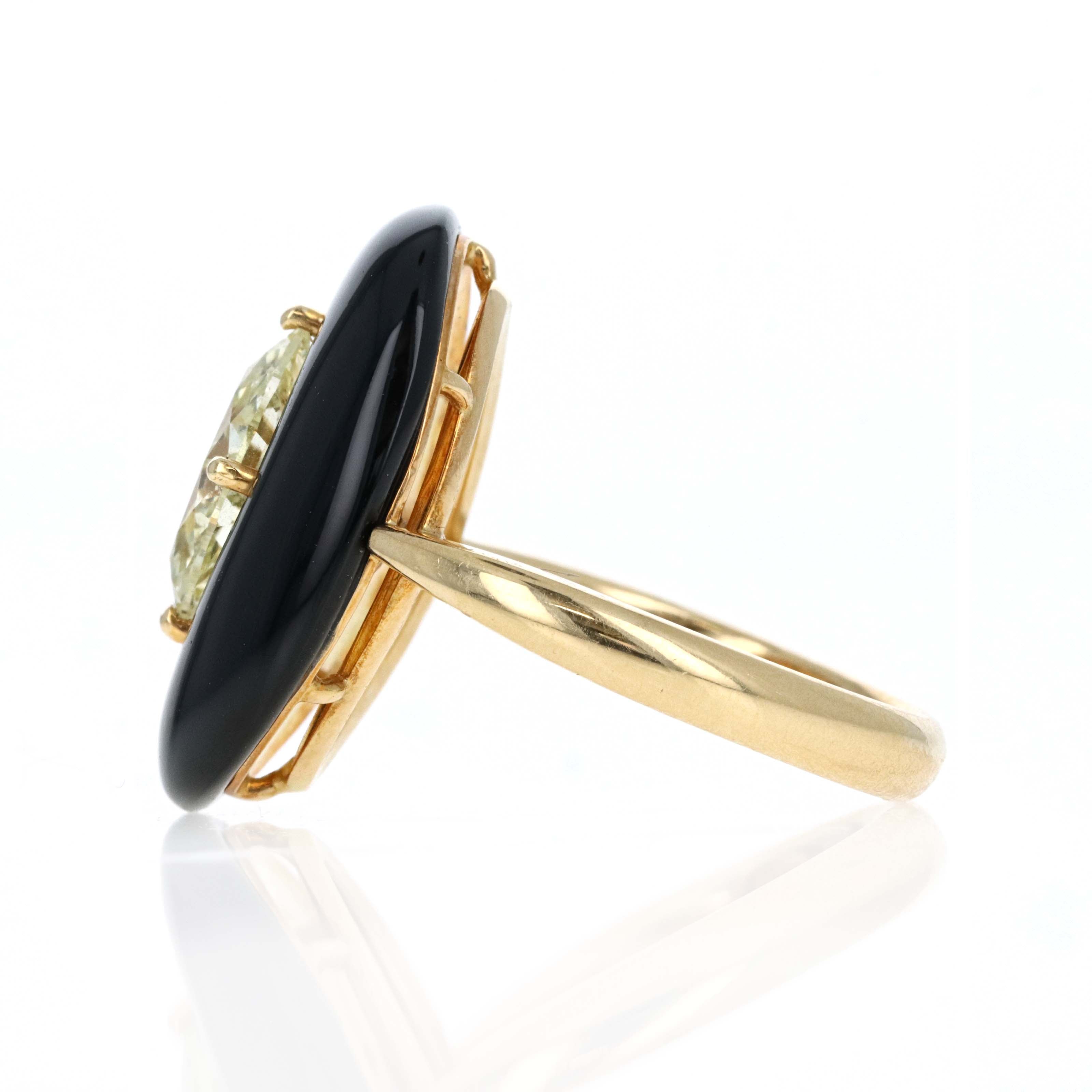 18K Yellow Gold 1.08 Carat Fancy Light Yellow Marquise Diamond Onyx Engagement Ring - Queen May