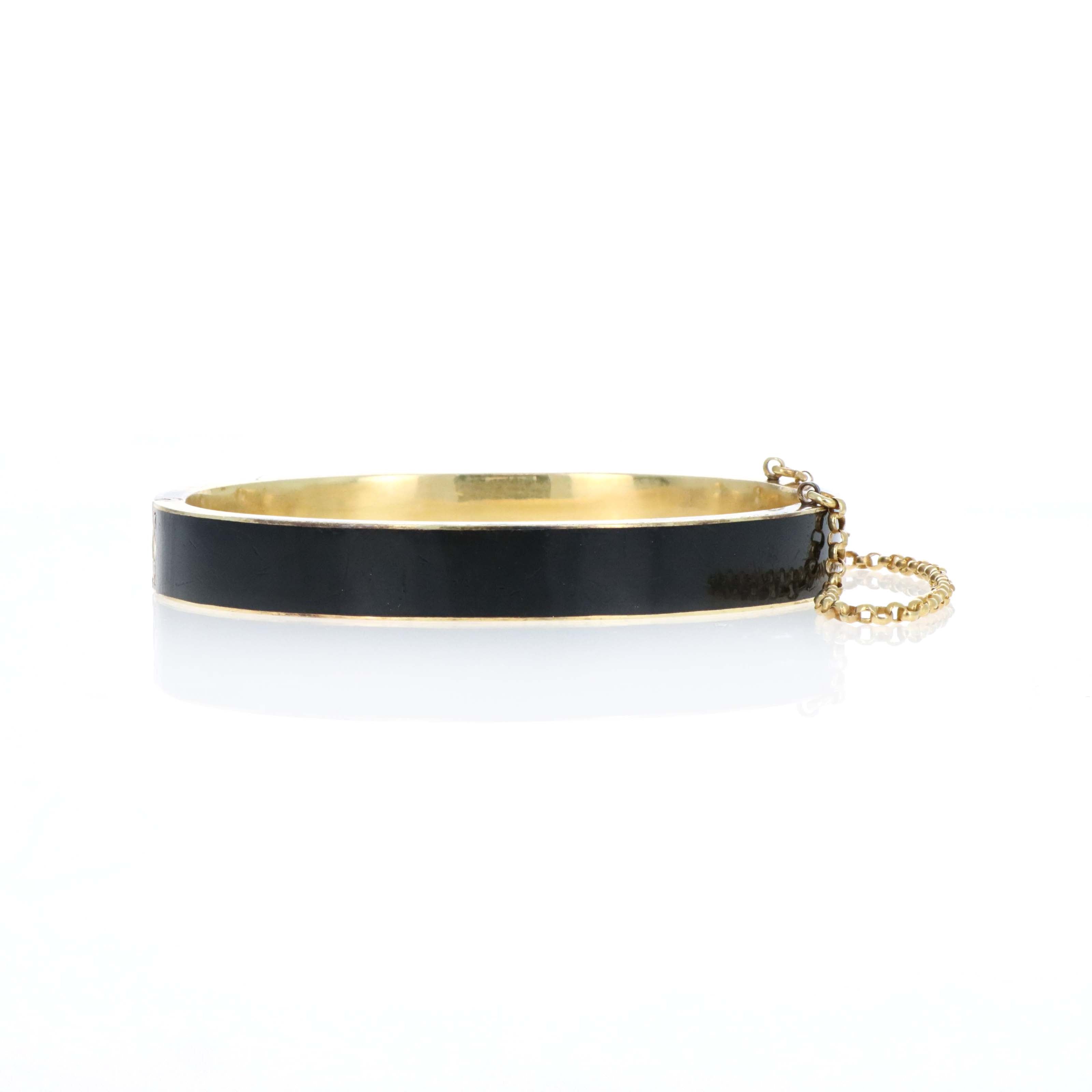 Pair Of 9K Yellow Gold Victorian Black Enamel "Lily Of The Valley" Bangle Bracelets - Queen May