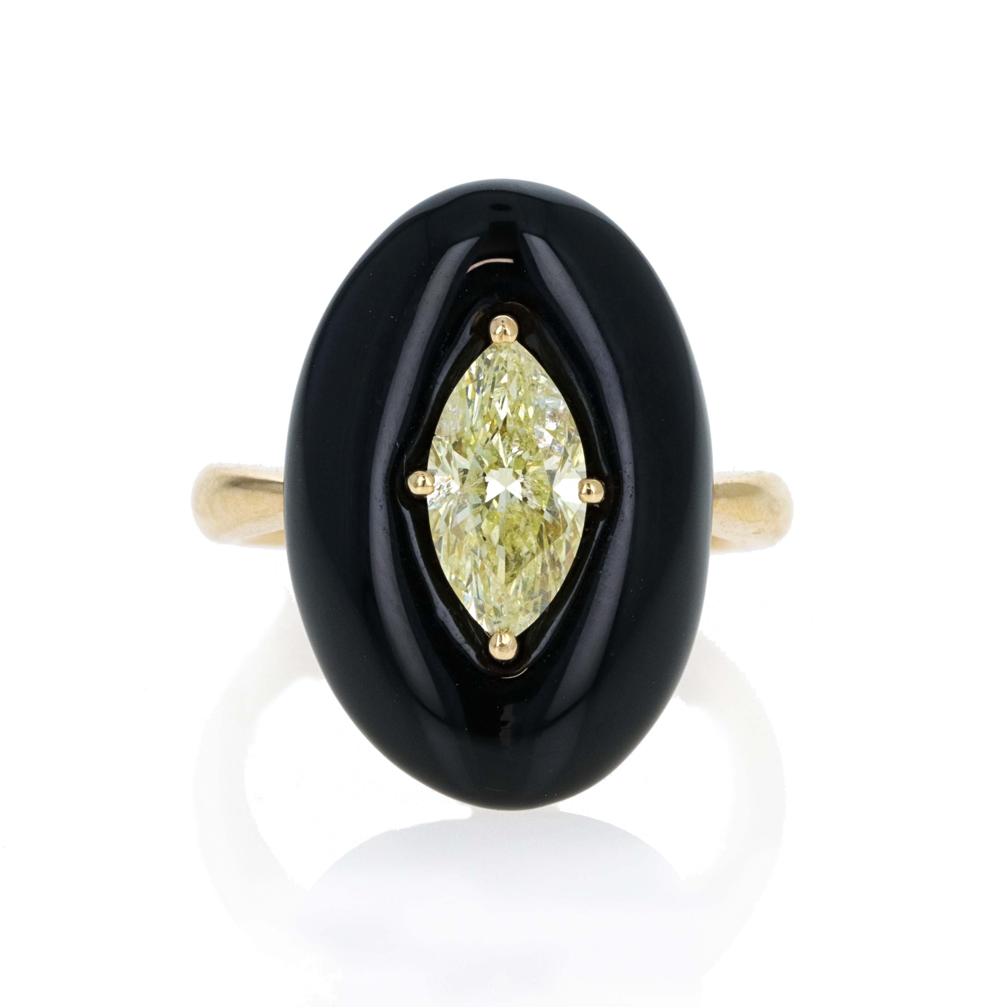 18K Yellow Gold 1.08 Carat Fancy Light Yellow Marquise Diamond Onyx Engagement Ring - Queen May