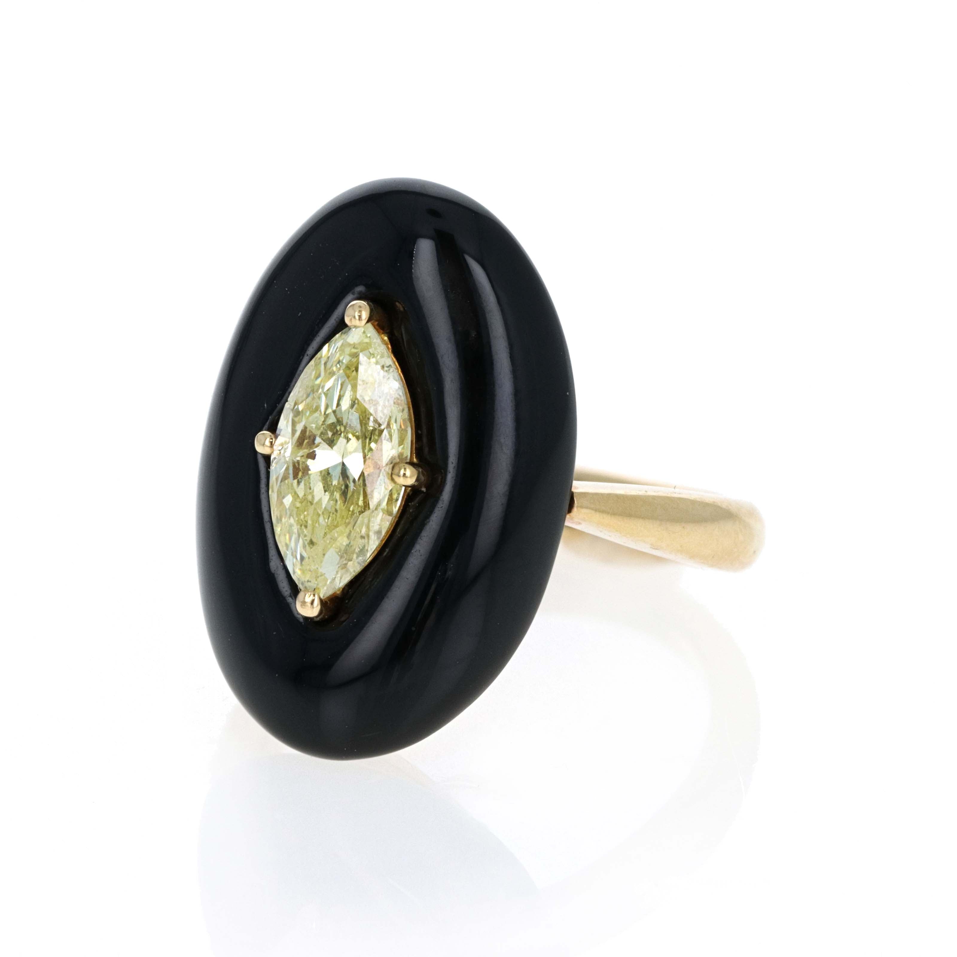 18K Yellow Gold 1.08 Carat Fancy Light Yellow Marquise Diamond Onyx Engagement Ring - Queen May
