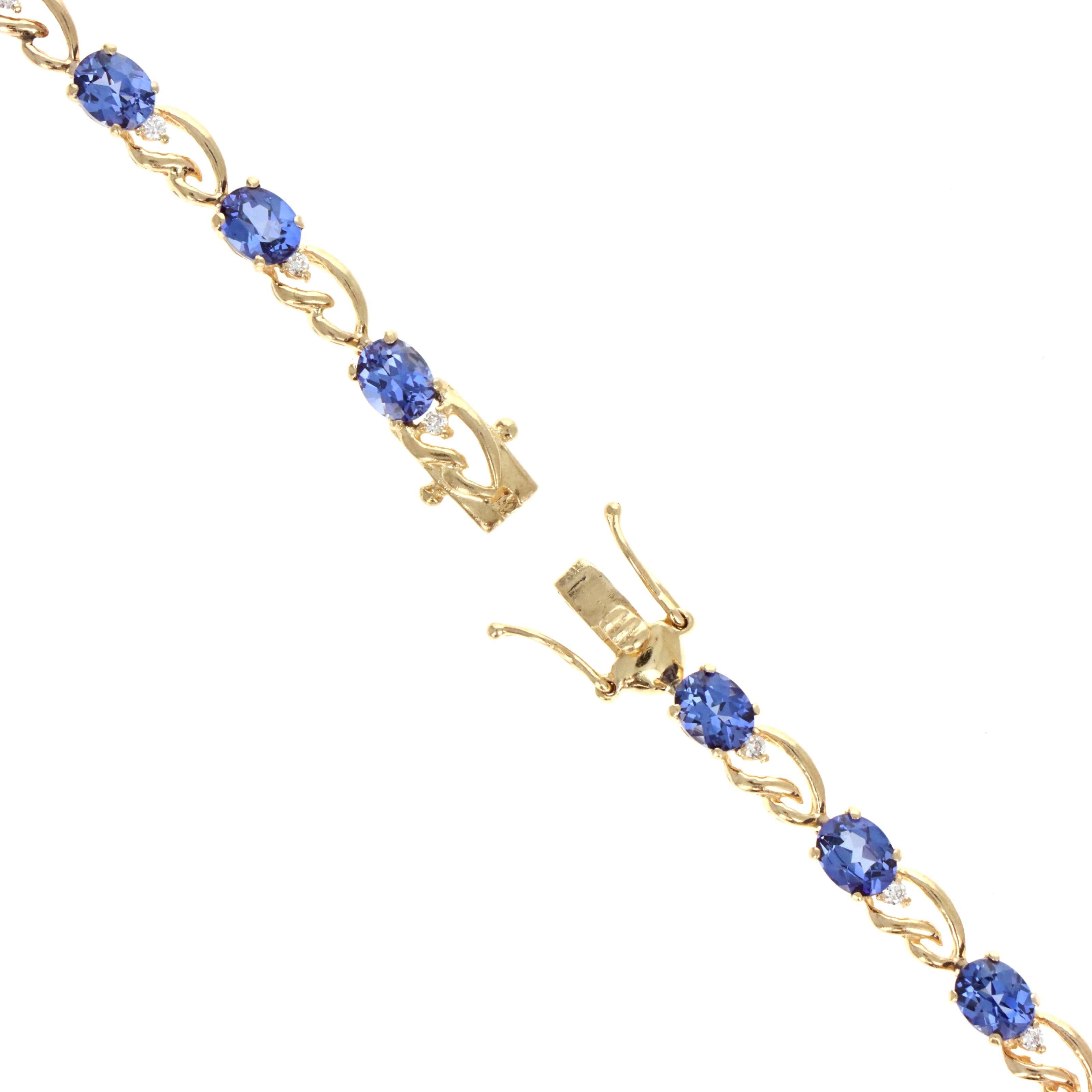 14K Yellow Gold 6 Carat Oval Tanzanite & 0.10 Carat Round Diamond Tennis Bracelet - Queen May