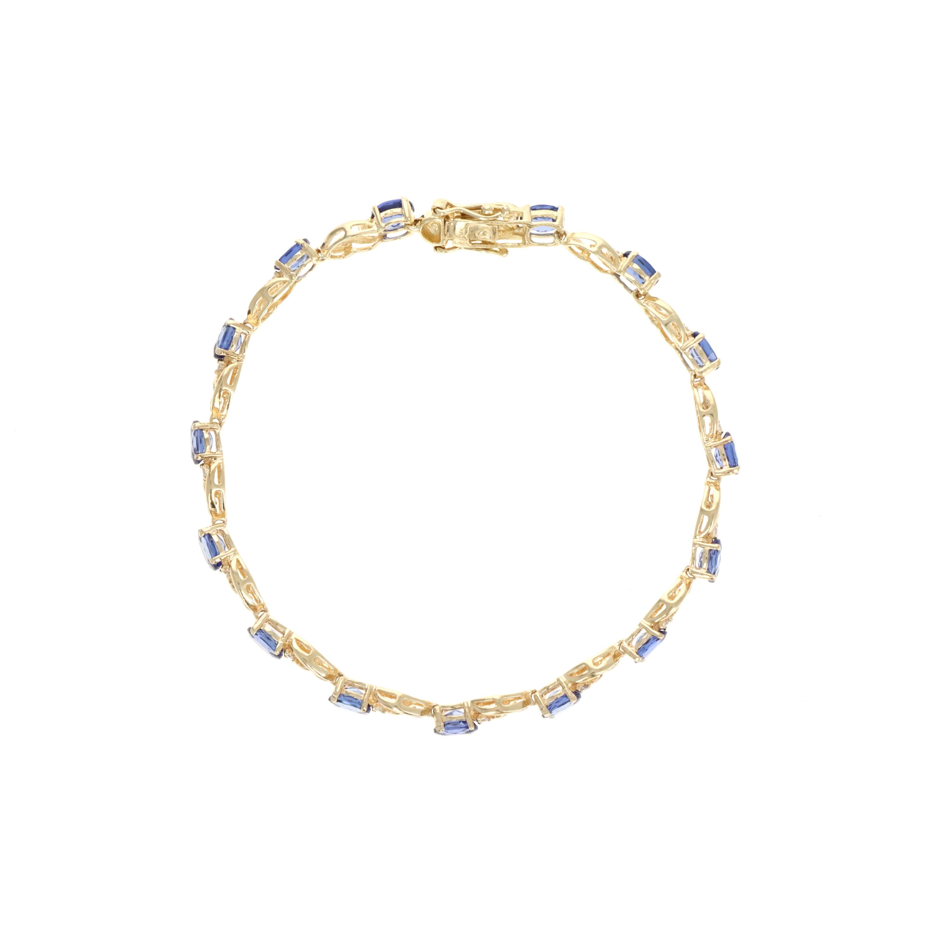 14K Yellow Gold 6 Carat Oval Tanzanite & 0.10 Carat Round Diamond Tennis Bracelet - Queen May