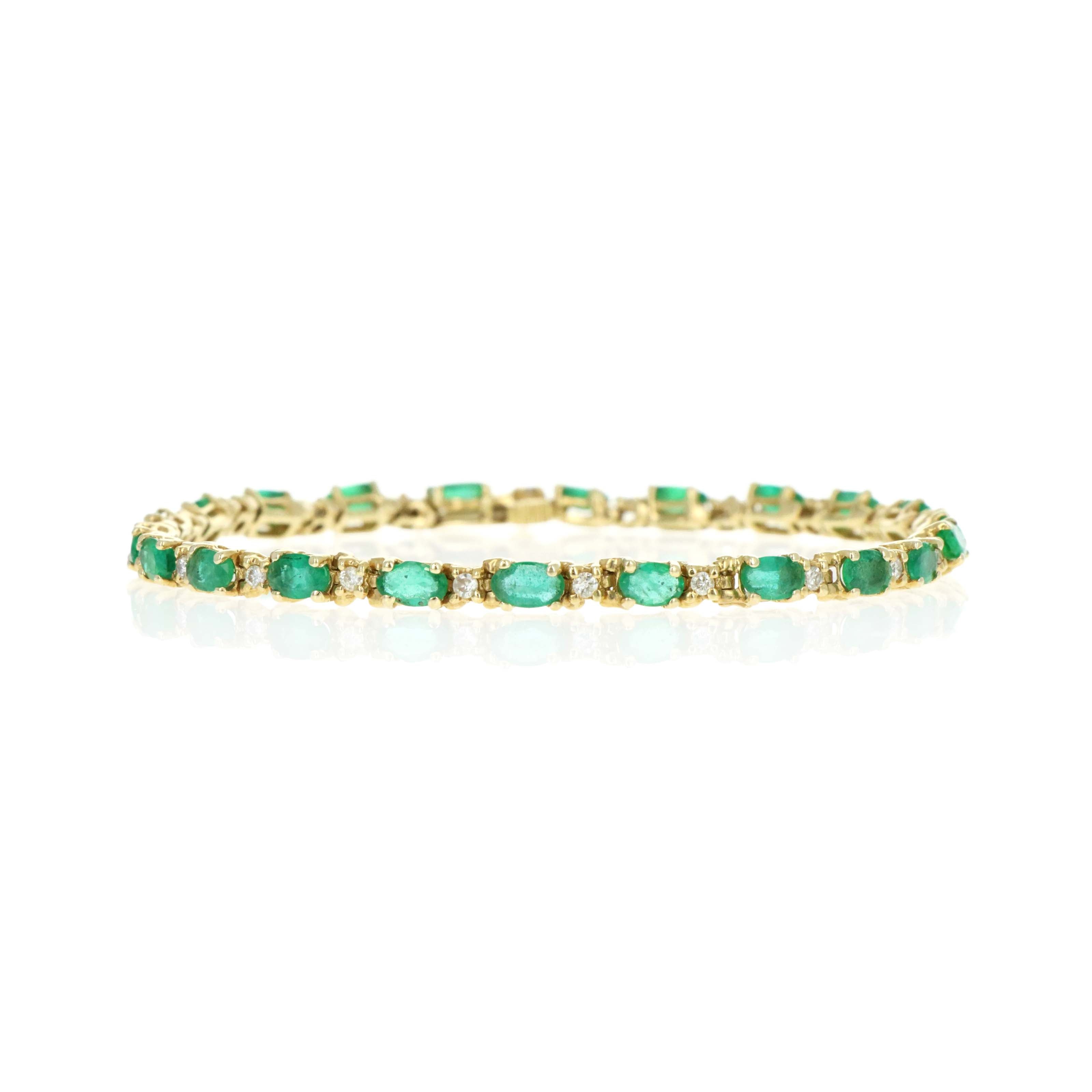 14K Yellow Gold 3.50 Carat Oval Emerald & 0.22 Carat Round Diamond Tennis Bracelet - Queen May