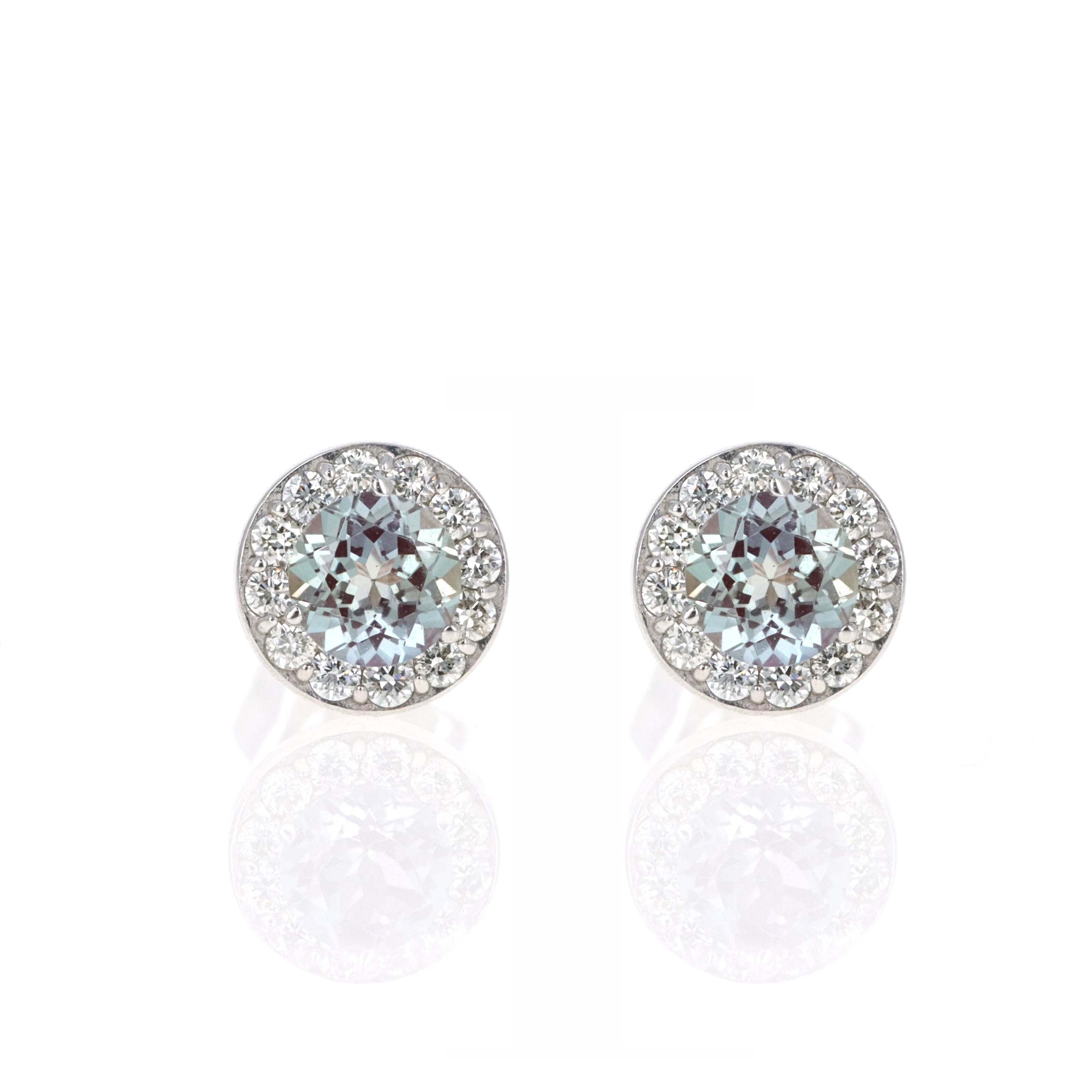 14K White Gold Diamond Halo Birth Stone Stud Earrings - Queen May