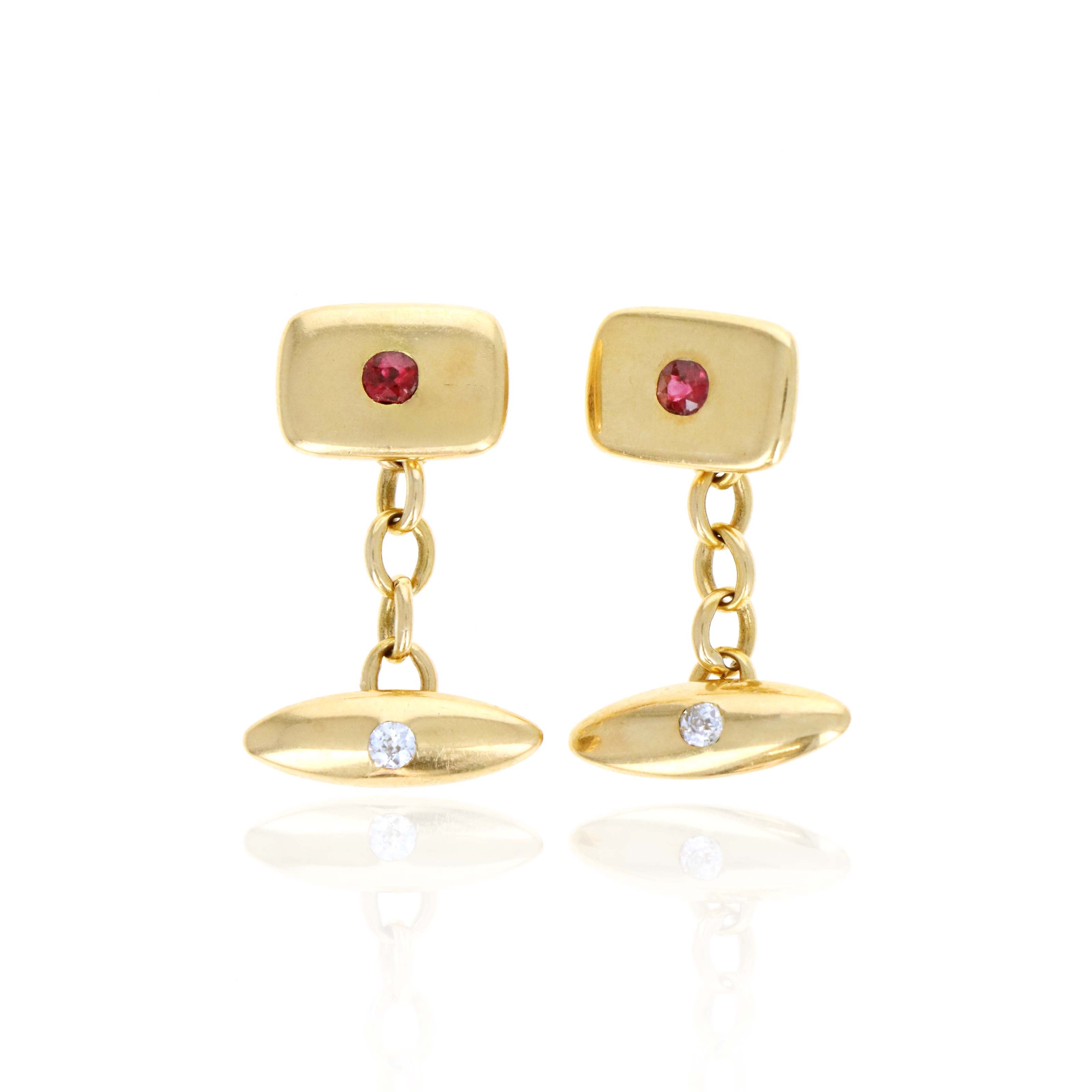 Victorian 18K Yellow Gold Old European Cut Diamonds Old Mine Cut Ruby English Cufflinks - Queen May