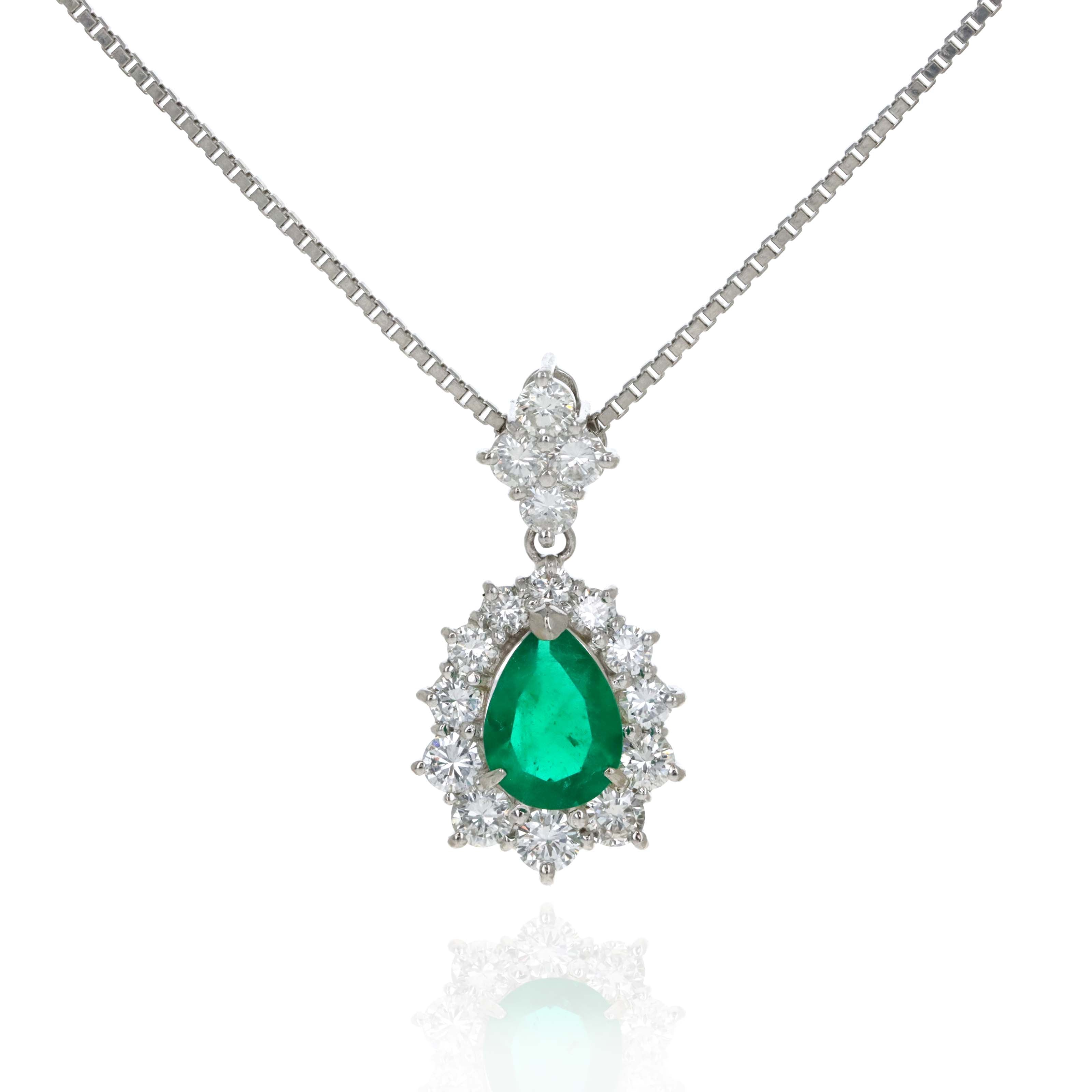 Platinum 0.71 Carat Pear Emerald Diamond Halo Pendant Necklace - Queen May