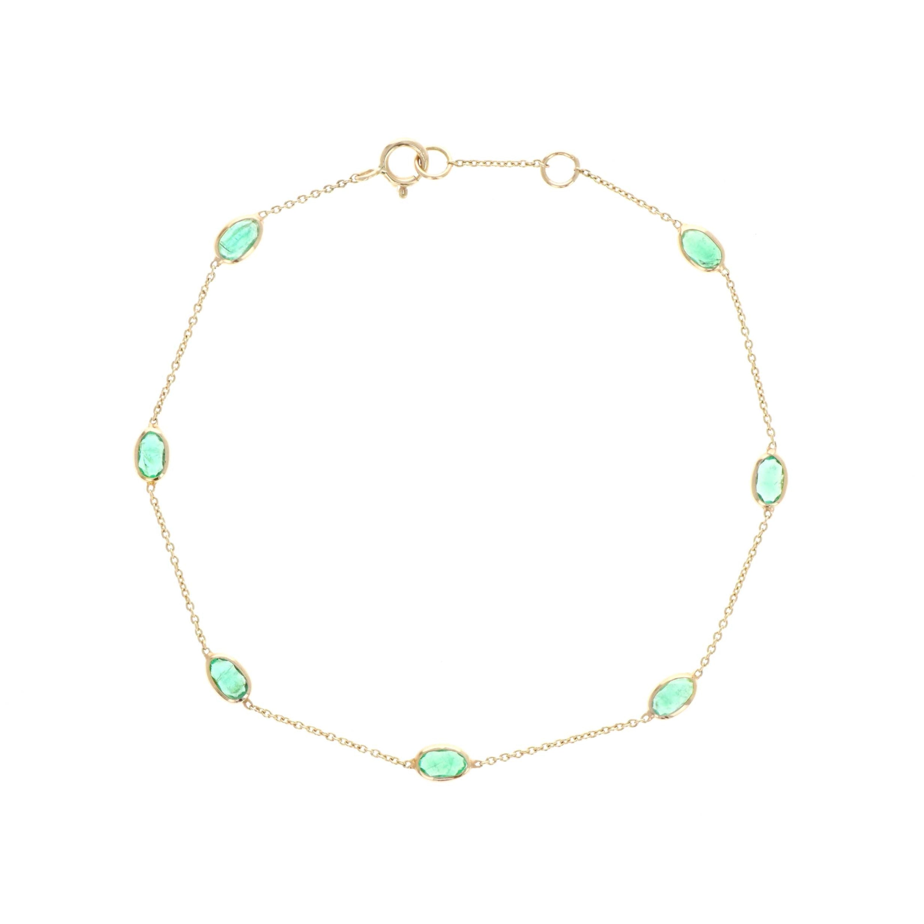 14K Yellow Gold 1.39 Carat Emerald Oval Bezel Bracelet