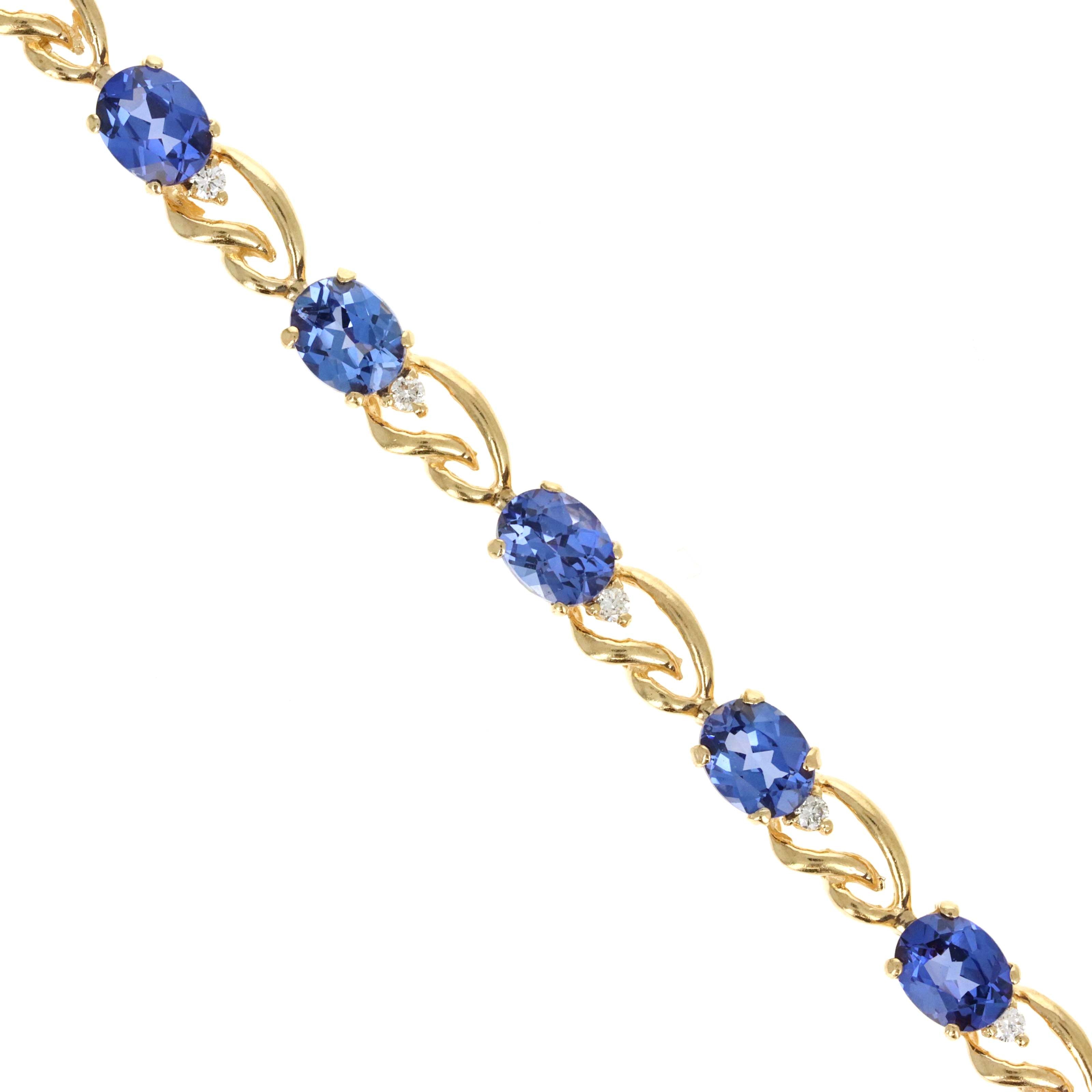 14K Yellow Gold 6 Carat Oval Tanzanite & 0.10 Carat Round Diamond Tennis Bracelet - Queen May