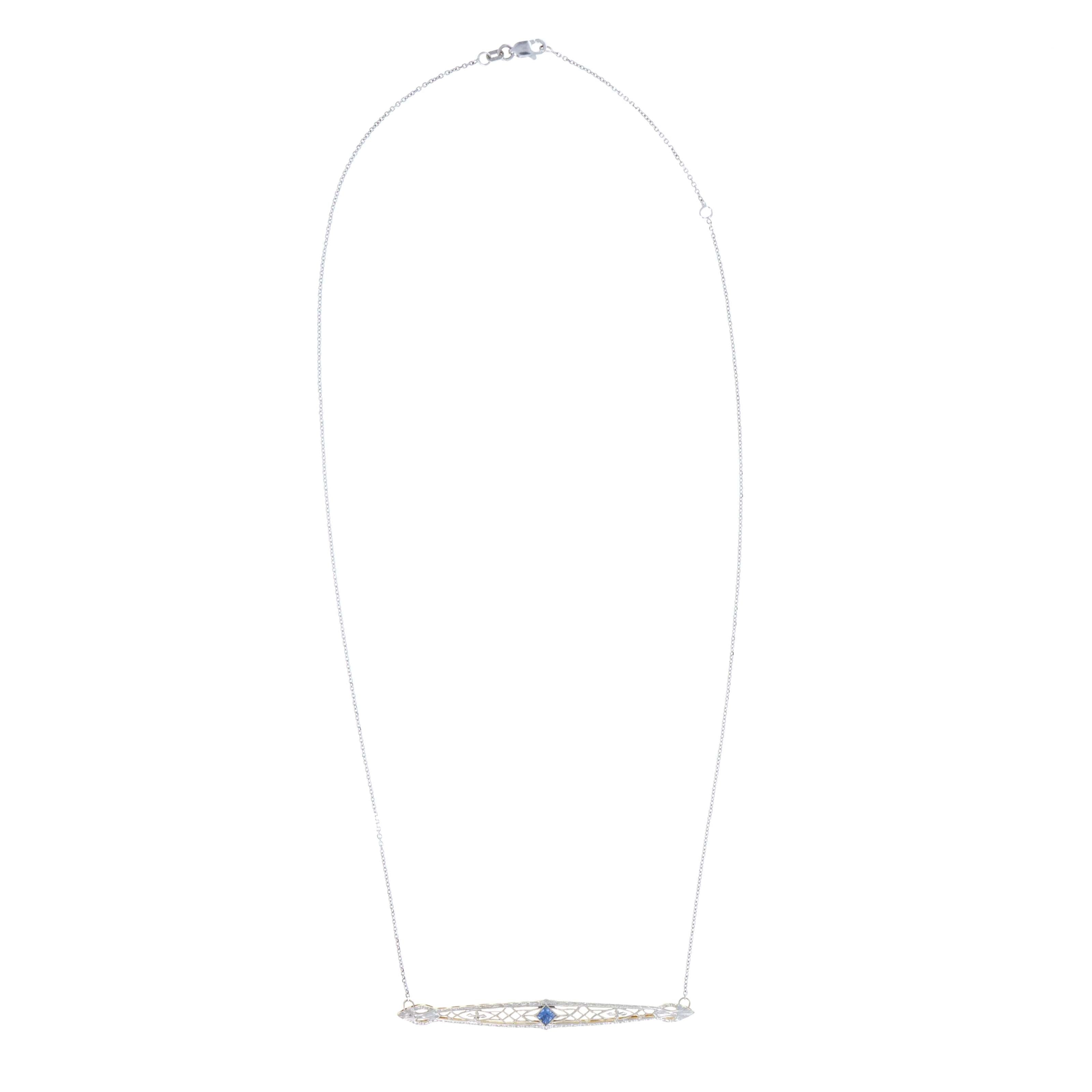 Art Deco Inspired 14K White Gold 0.25 Carat Synthetic Square Step Cut Sapphire Bar Pin Pendant Necklace - Queen May