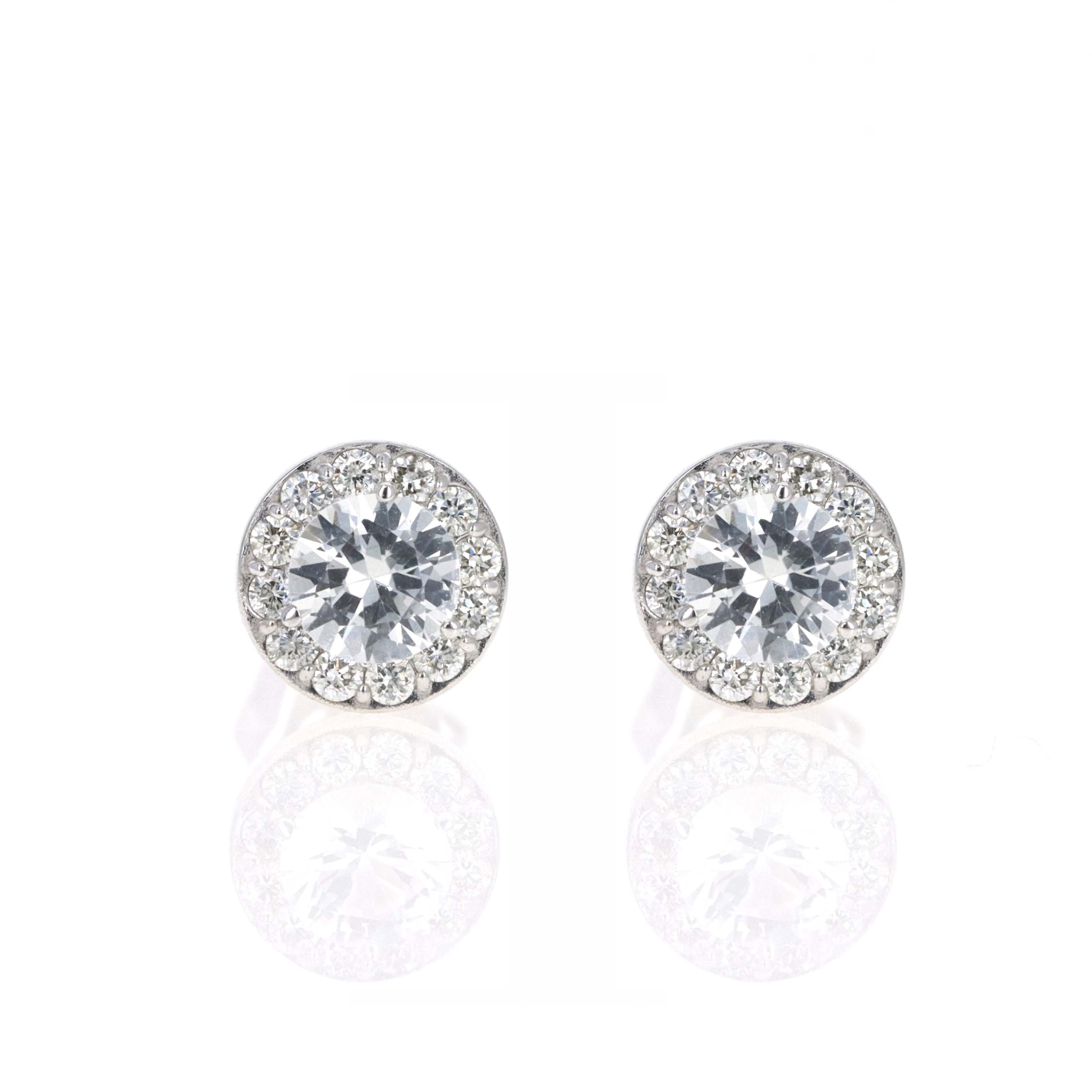14K White Gold Diamond Halo Birth Stone Stud Earrings - Queen May