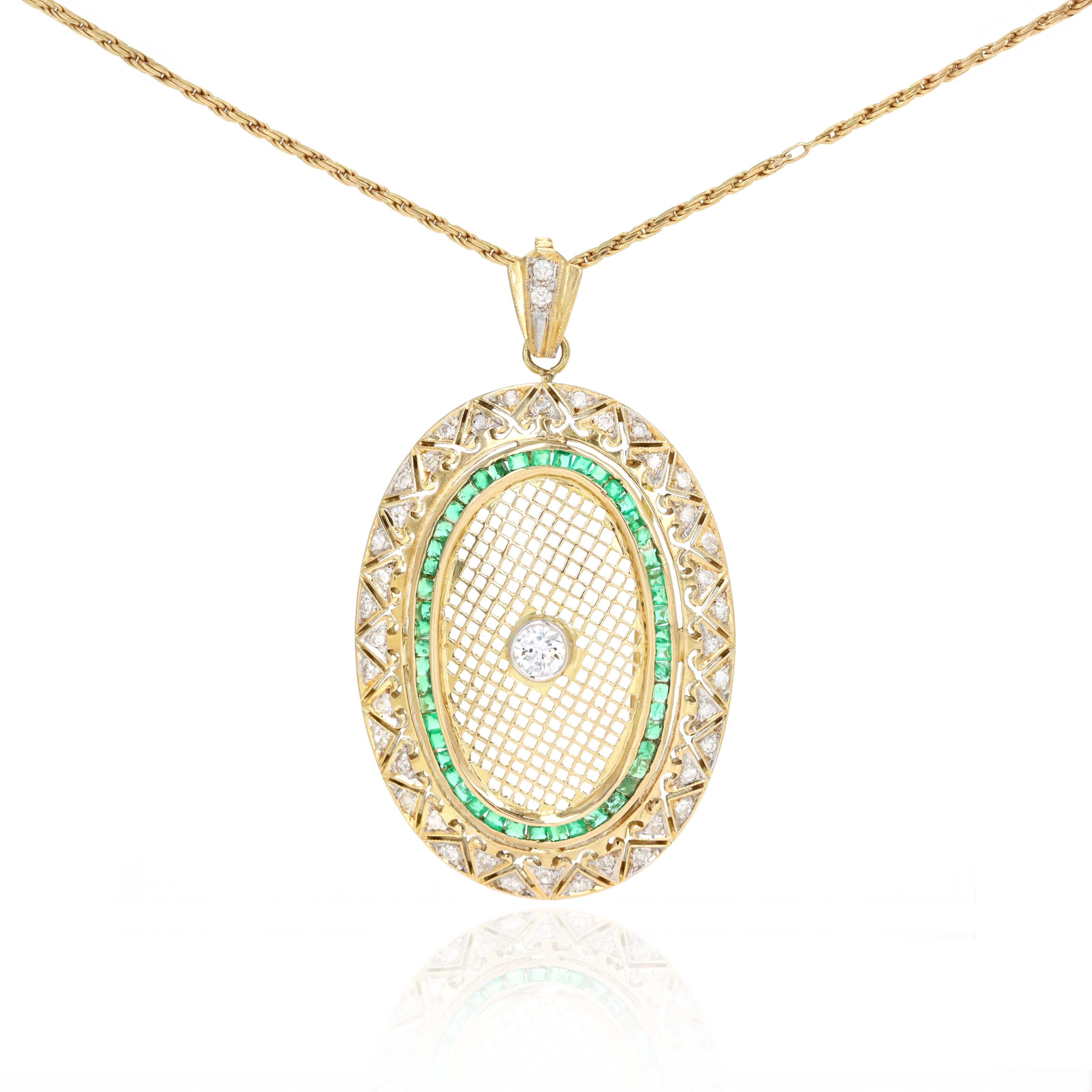Victorian 14K Yellow Gold Diamond Emerald Brooch Pendant Necklace - Queen May