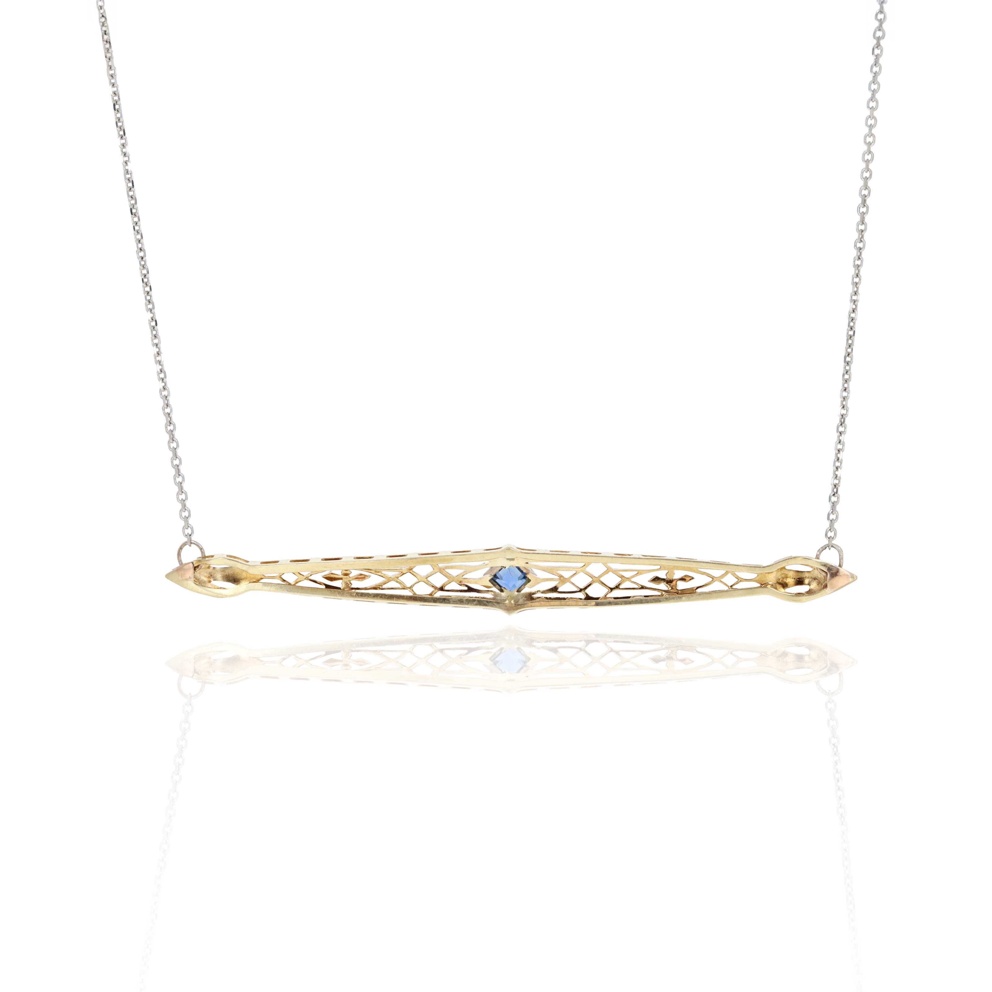 Art Deco Inspired 14K White Gold 0.25 Carat Synthetic Square Step Cut Sapphire Bar Pin Pendant Necklace - Queen May