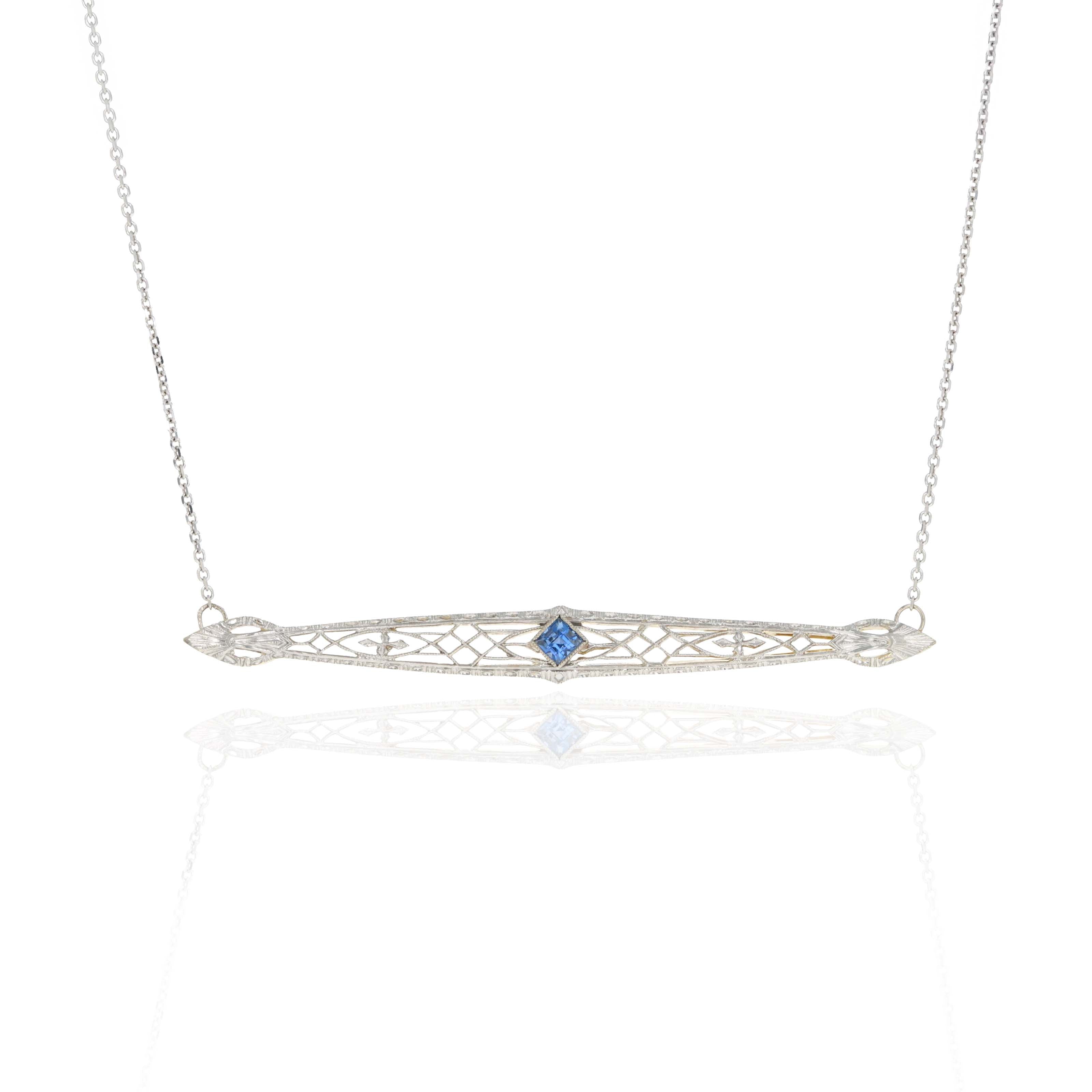 Art Deco Inspired 14K White Gold 0.25 Carat Synthetic Square Step Cut Sapphire Bar Pin Pendant Necklace - Queen May