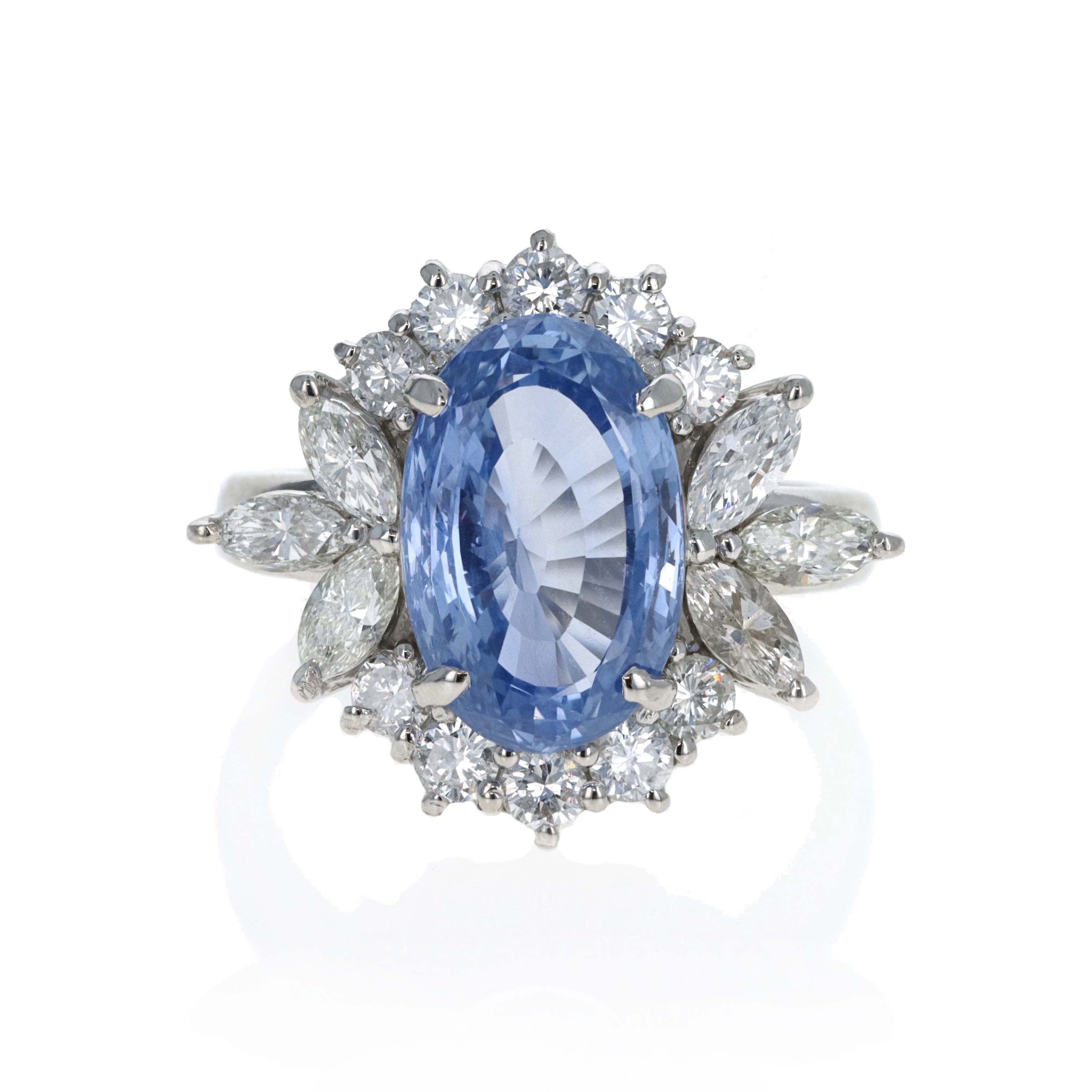 Platinum 5.49 Carat Oval Sapphire Diamond Marquise Halo Ring - Queen May