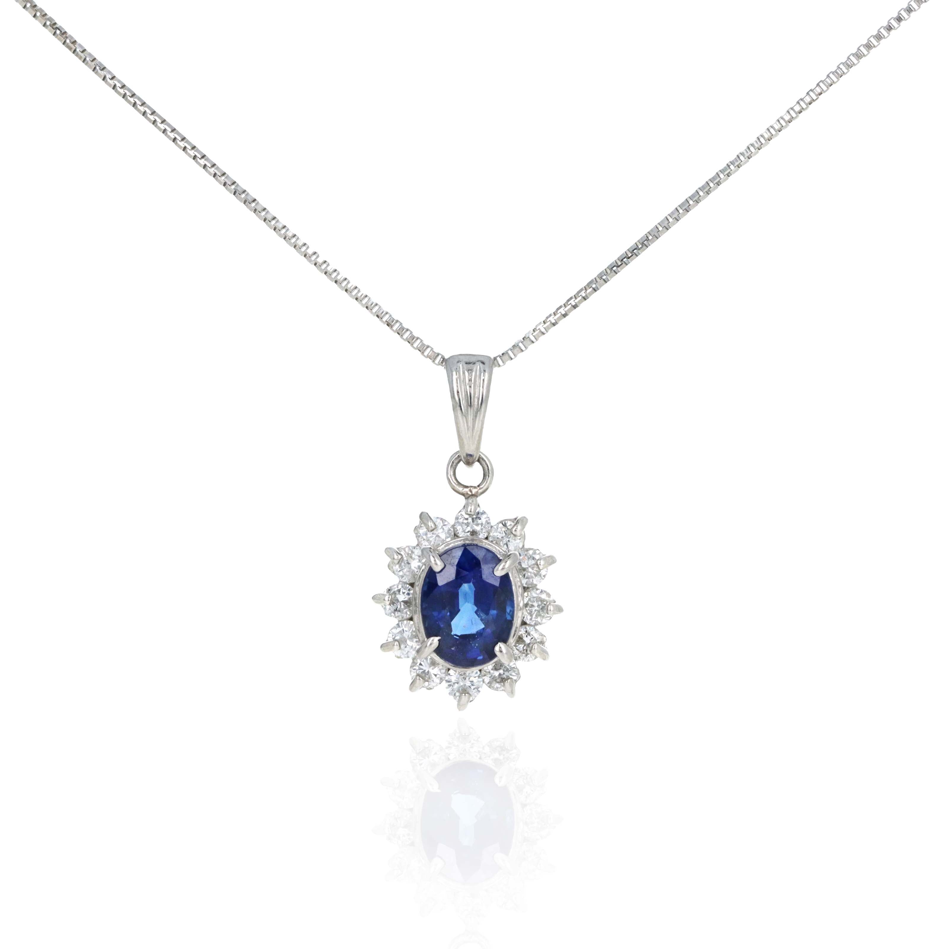 Platinum 0.62 Carat Oval Sapphire Diamond Halo Pendant Necklace - Queen May