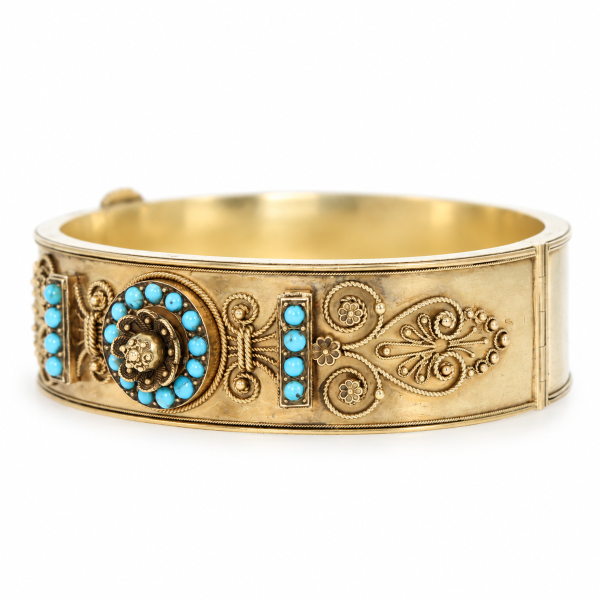 Victorian Etruscan Revival 14K Yellow Gold Turquoise Bangle - Queen May