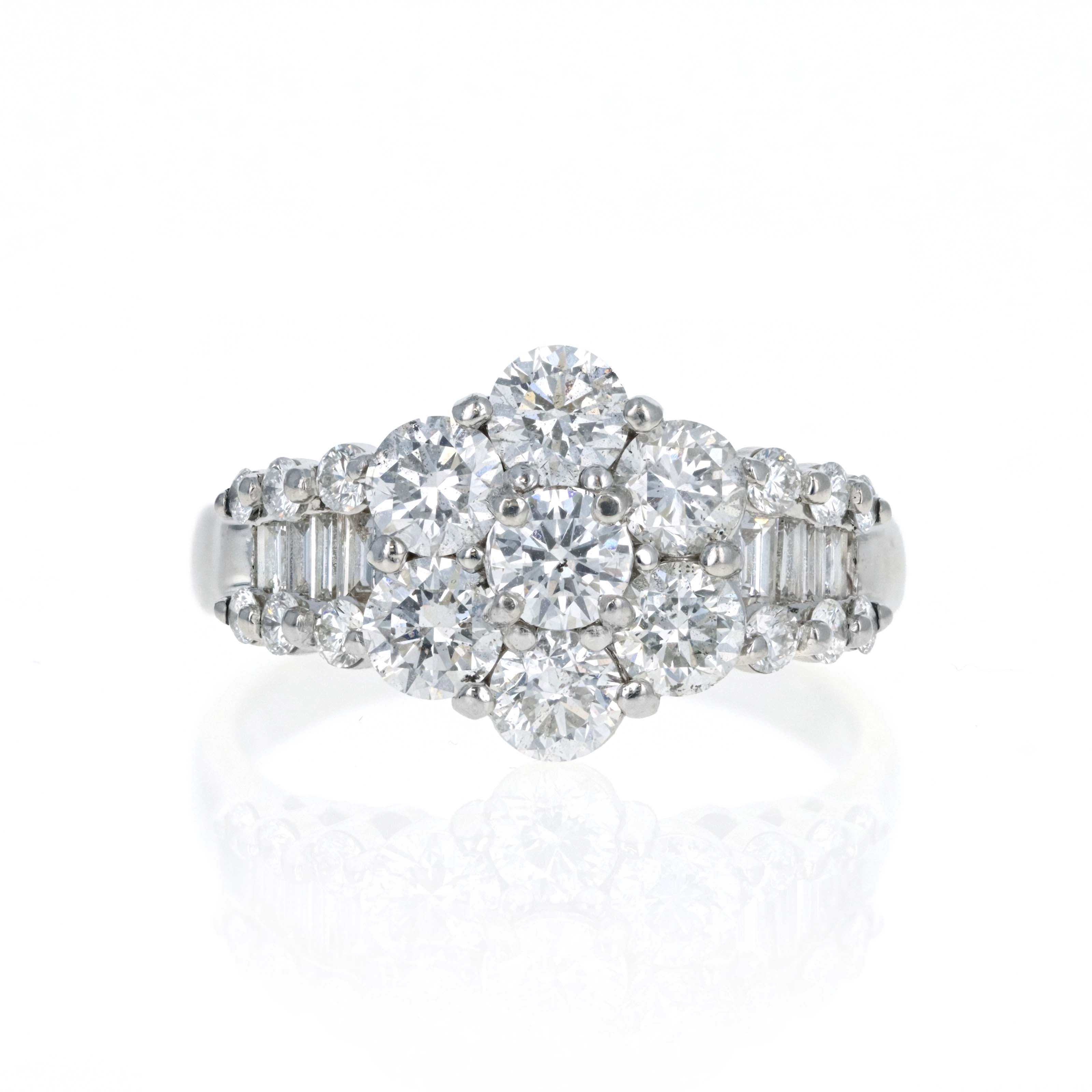 Platinum 3 Carat Round Diamond Cluster Flower Ring - Queen May