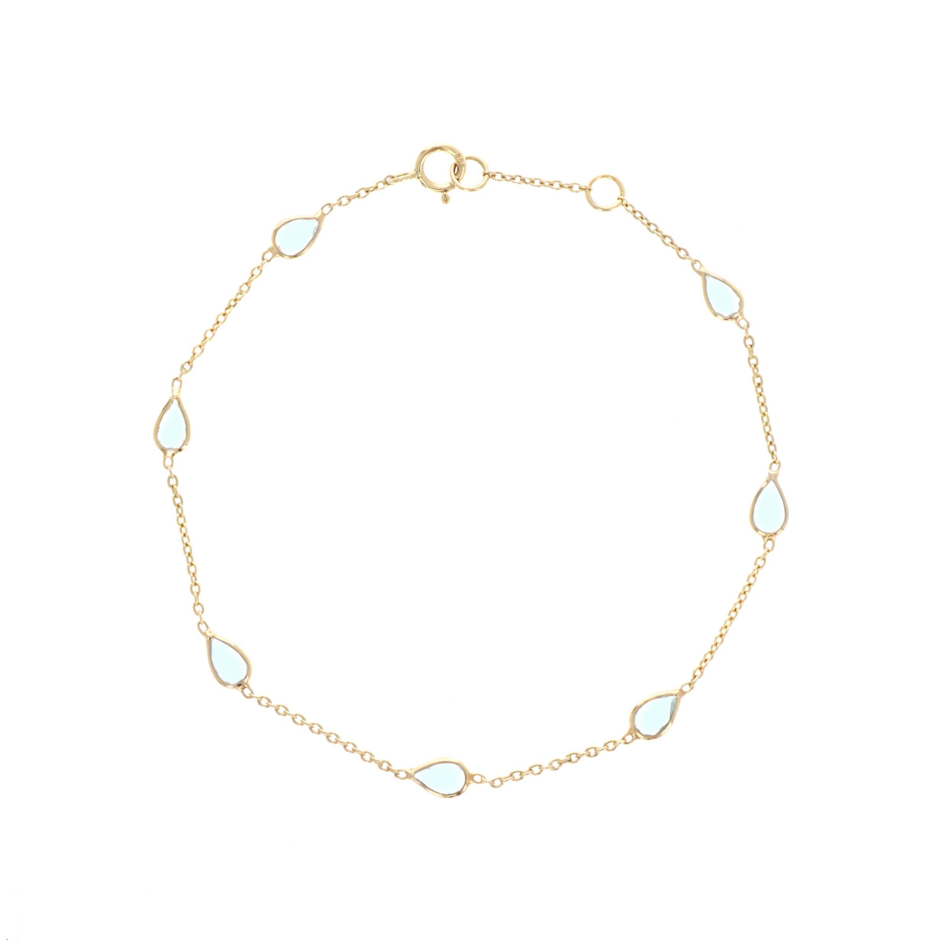 14K Yellow Gold 1.15 Carat Aquamarine Pear Bezel Station Bracelet