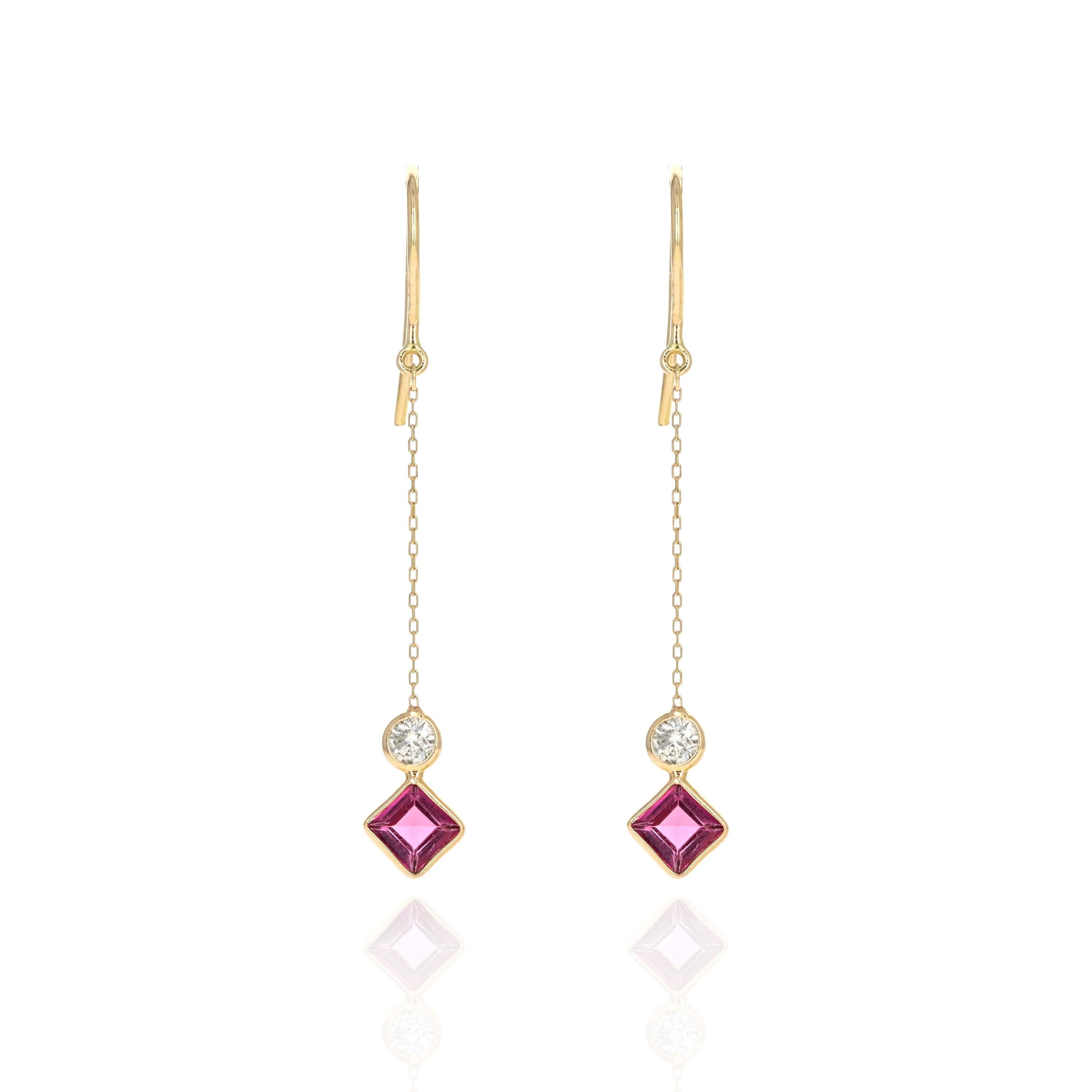18K Yellow Gold Rubellite Tourmaline & Diamond Drop Earrings - Queen May