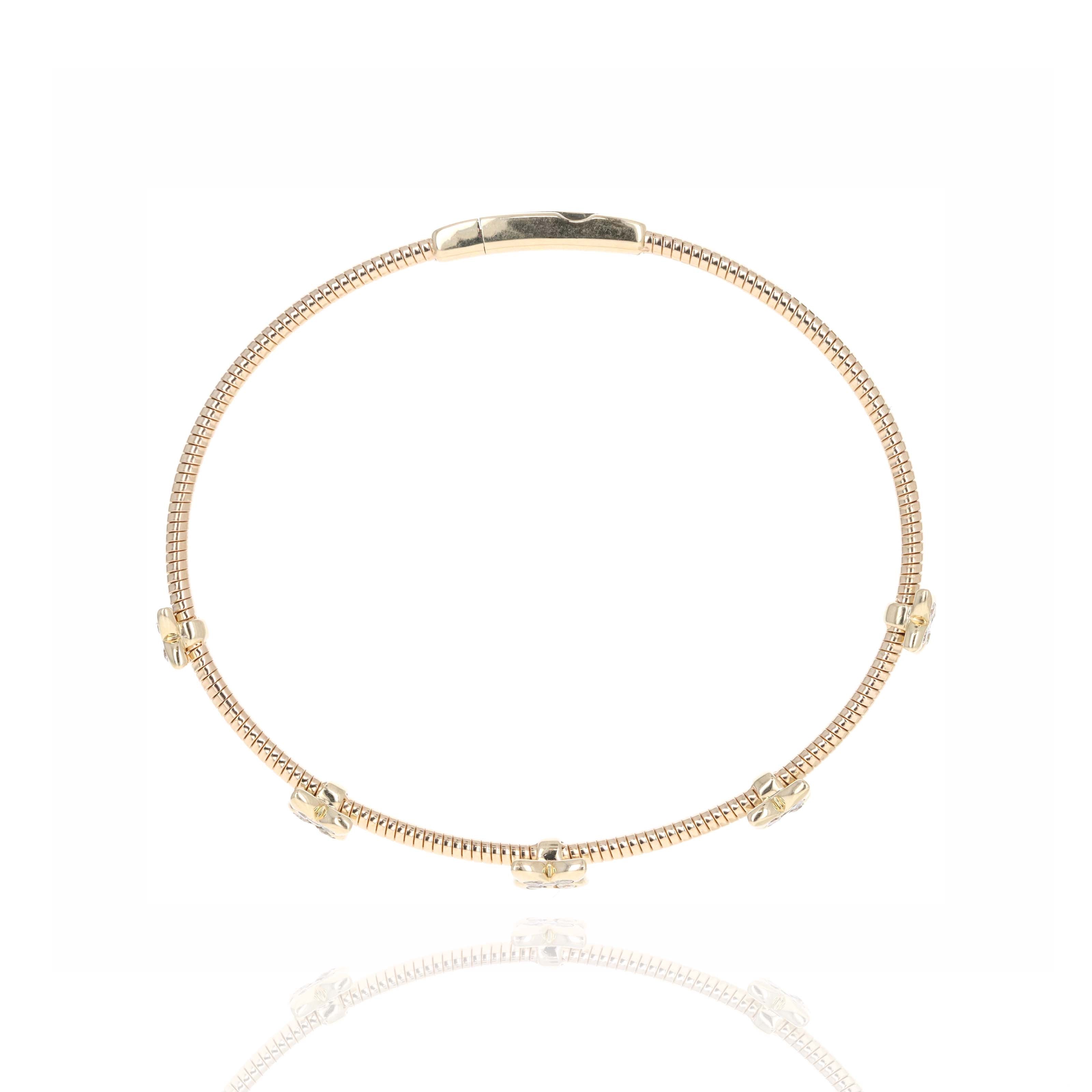 14K Yellow Gold Diamond Flower Clover Station Flexible Bracelet - Queen May