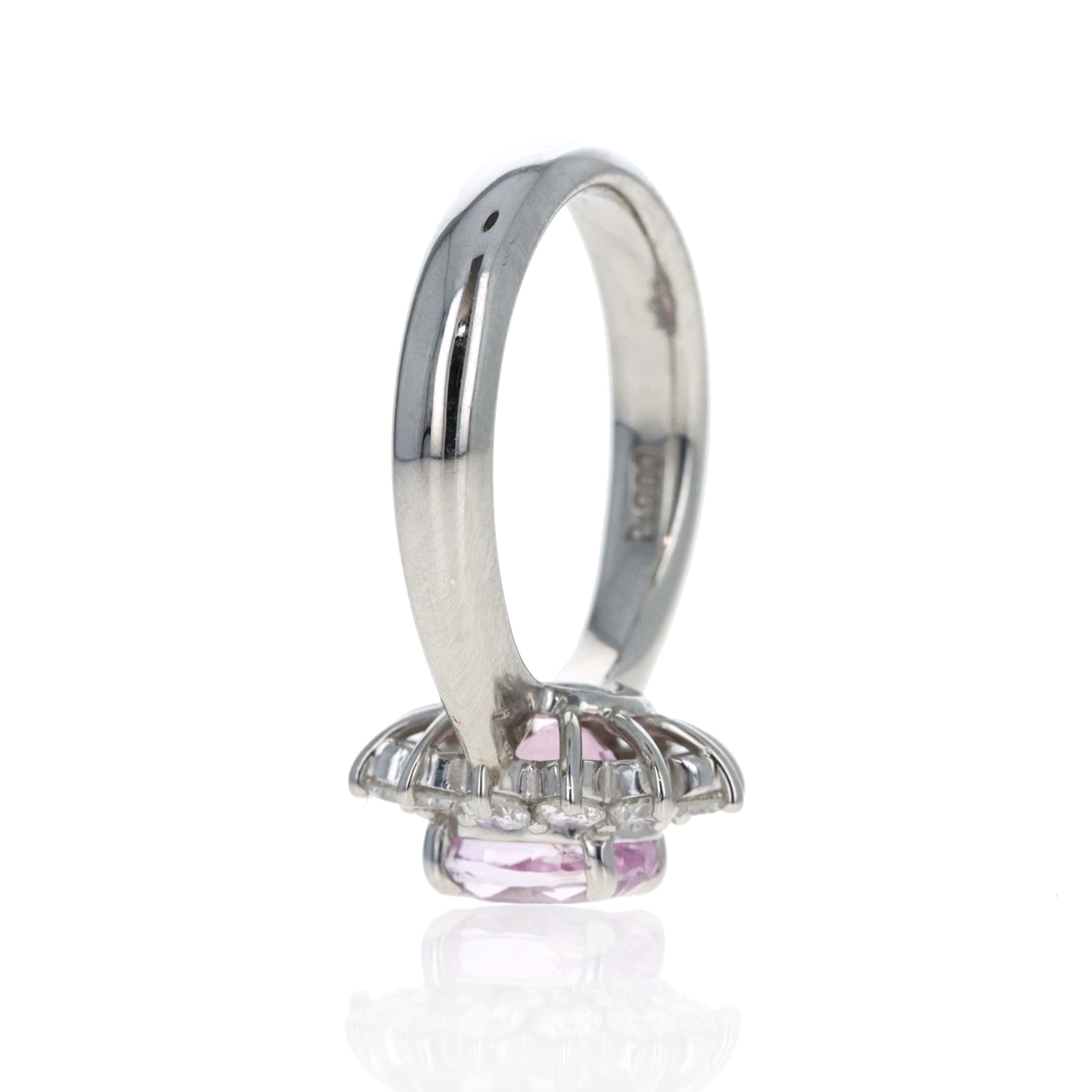 Platinum 2.01 Carat Oval Orangy Pink (Padparadscha) Sapphire Diamond Halo Ring - Queen May