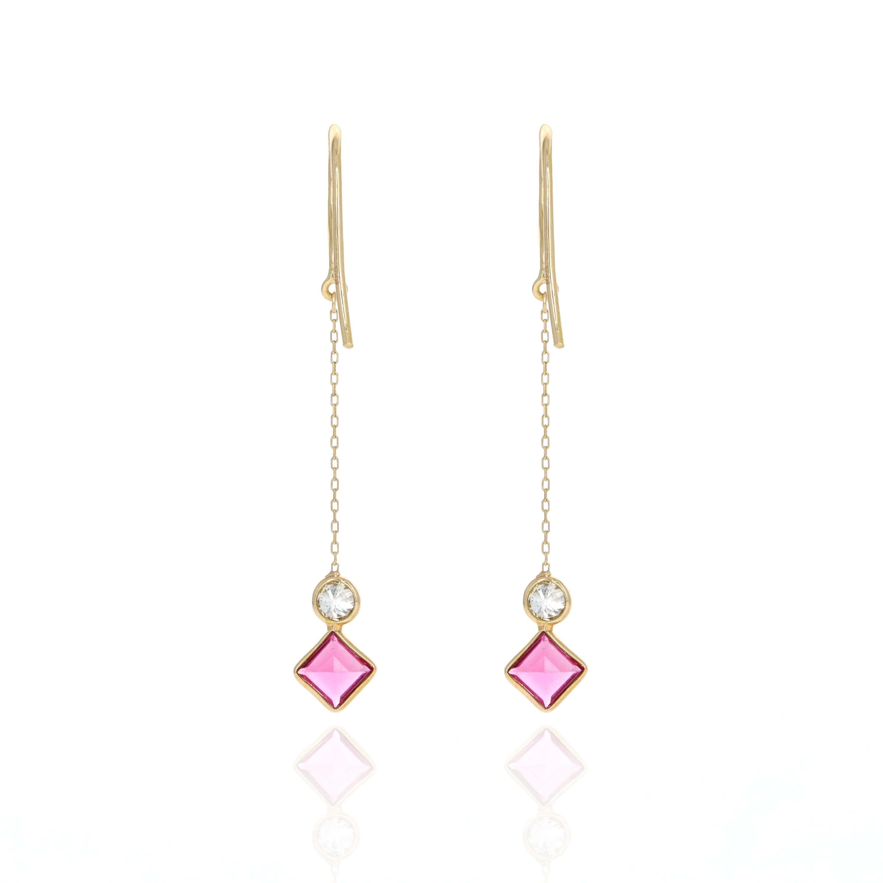 18K Yellow Gold Rubellite Tourmaline & Diamond Drop Earrings - Queen May