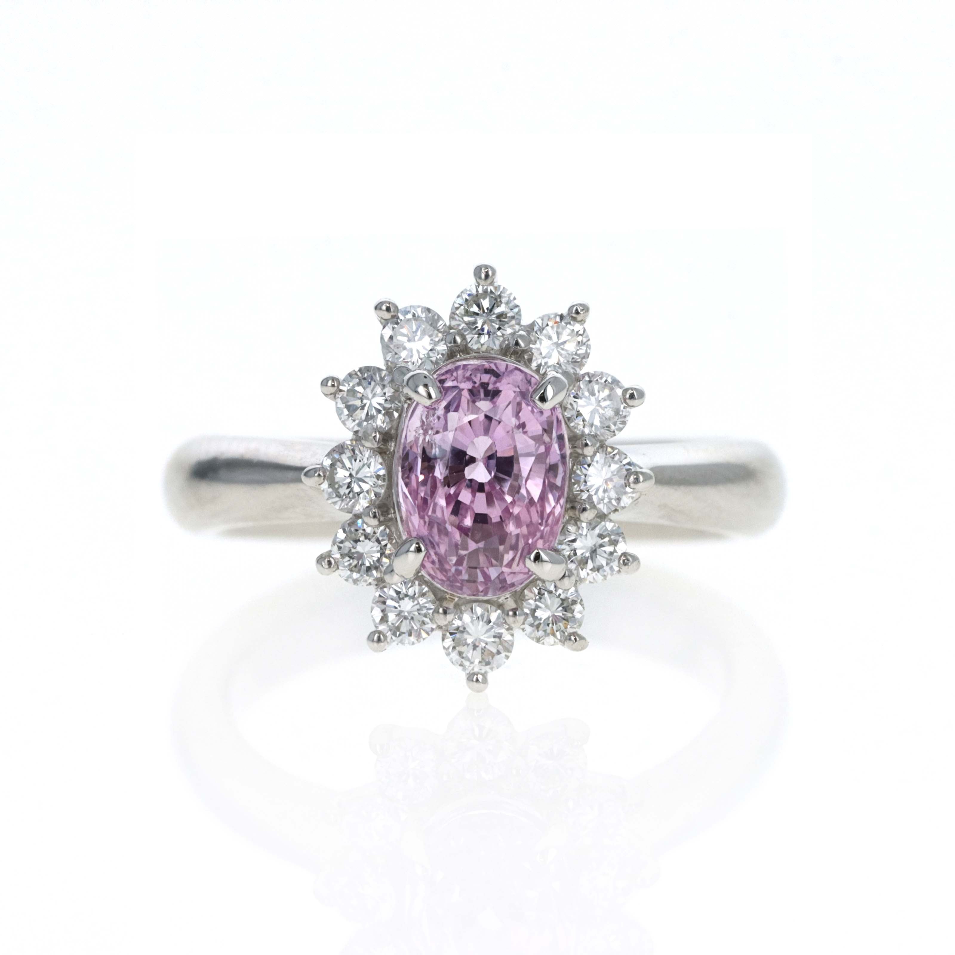 Platinum 2.01 Carat Oval Orangy Pink (Padparadscha) Sapphire Diamond Halo Ring - Queen May