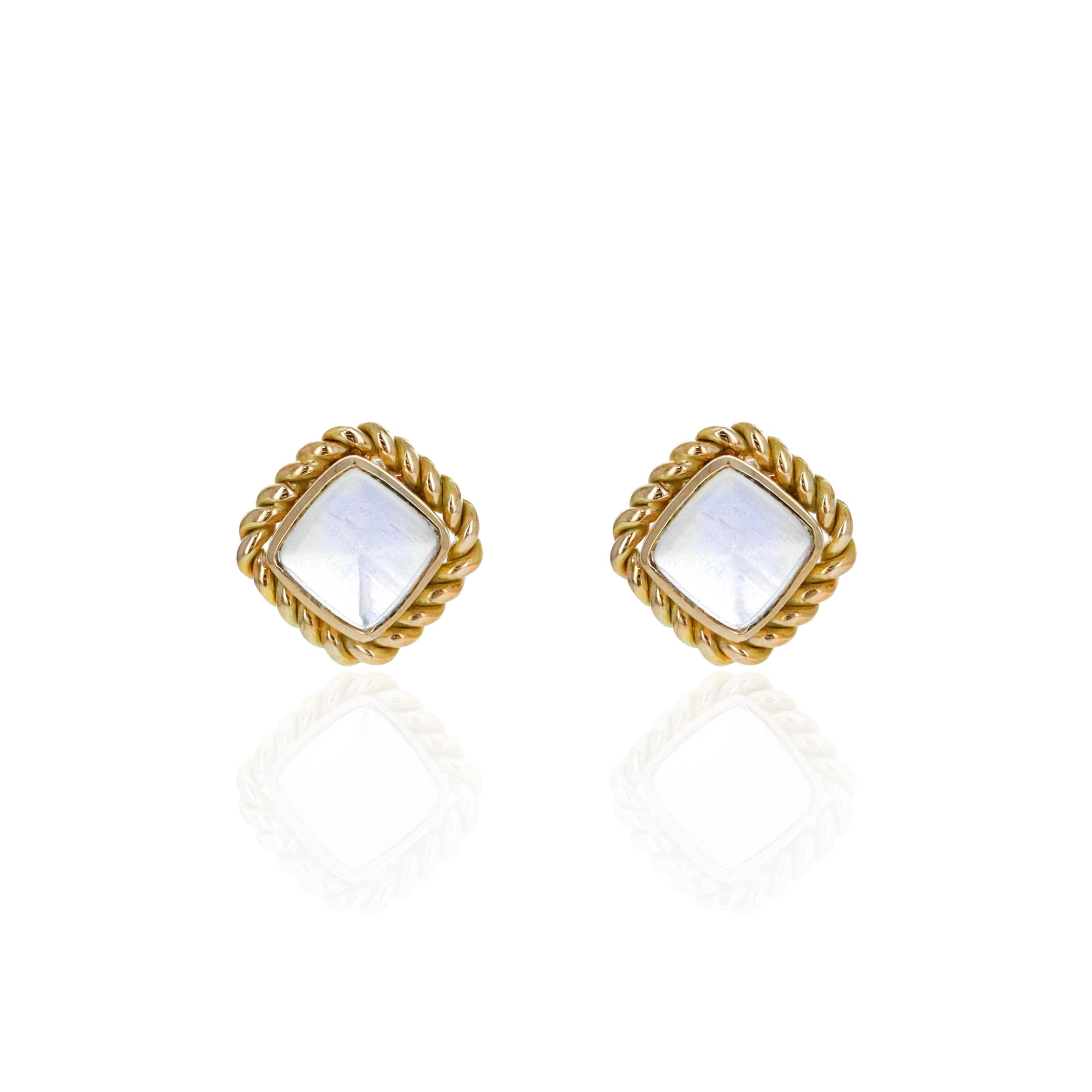 14K Yellow Gold 1.6 Carat Cabochon Moonstone Braided Bezel Stud Earrings - Queen May