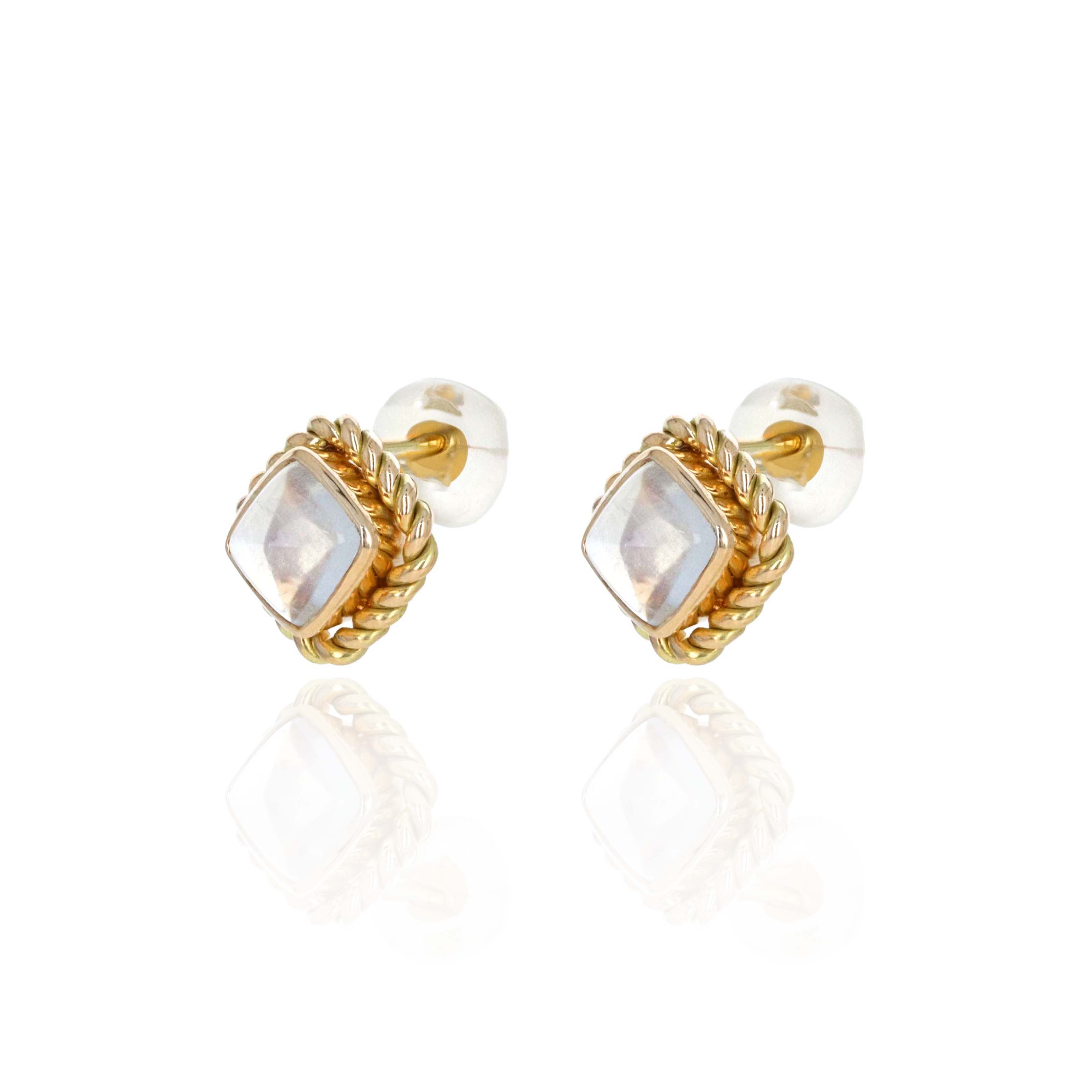 14K Yellow Gold 1.6 Carat Cabochon Moonstone Braided Bezel Stud Earrings - Queen May