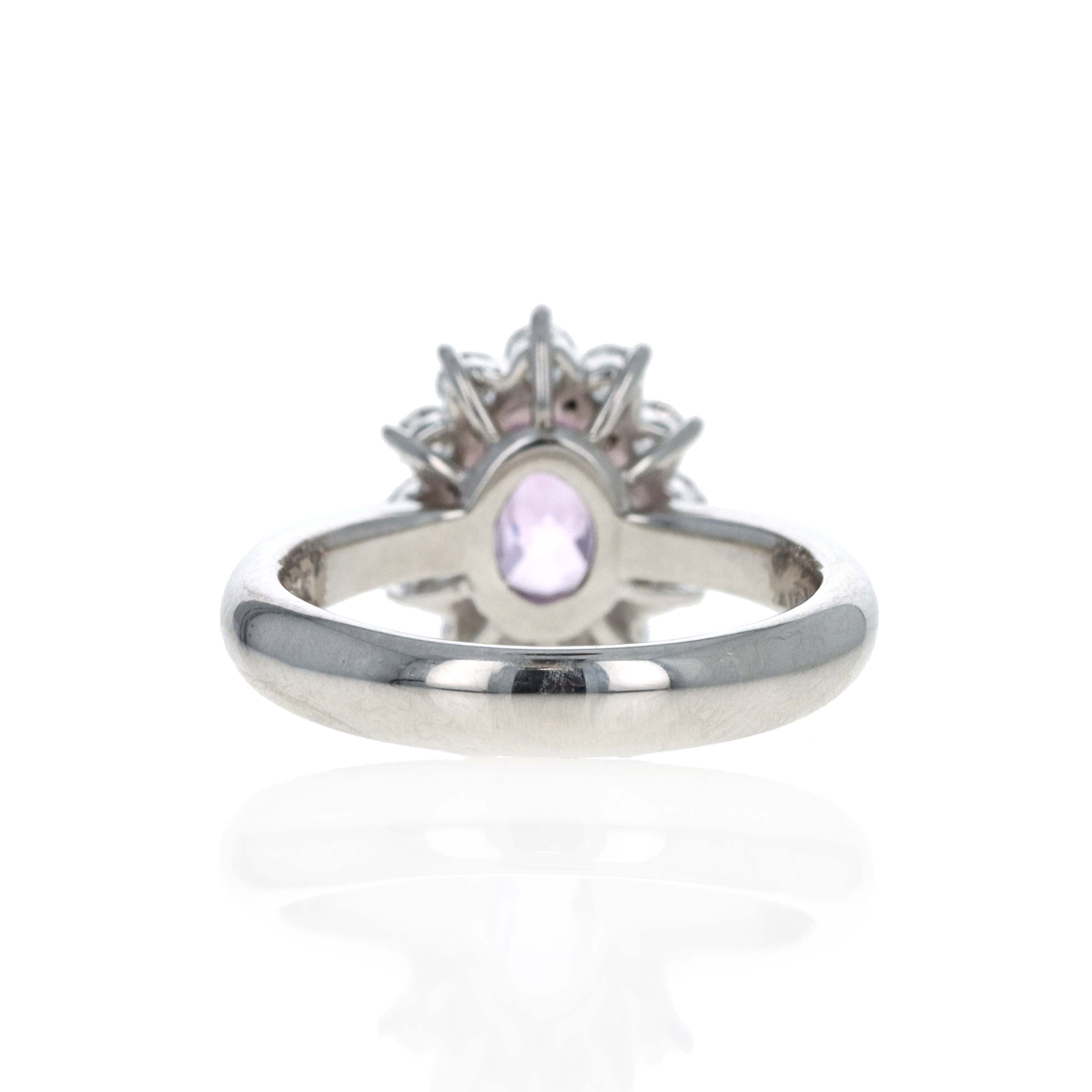 Platinum 2.01 Carat Oval Orangy Pink (Padparadscha) Sapphire Diamond Halo Ring - Queen May