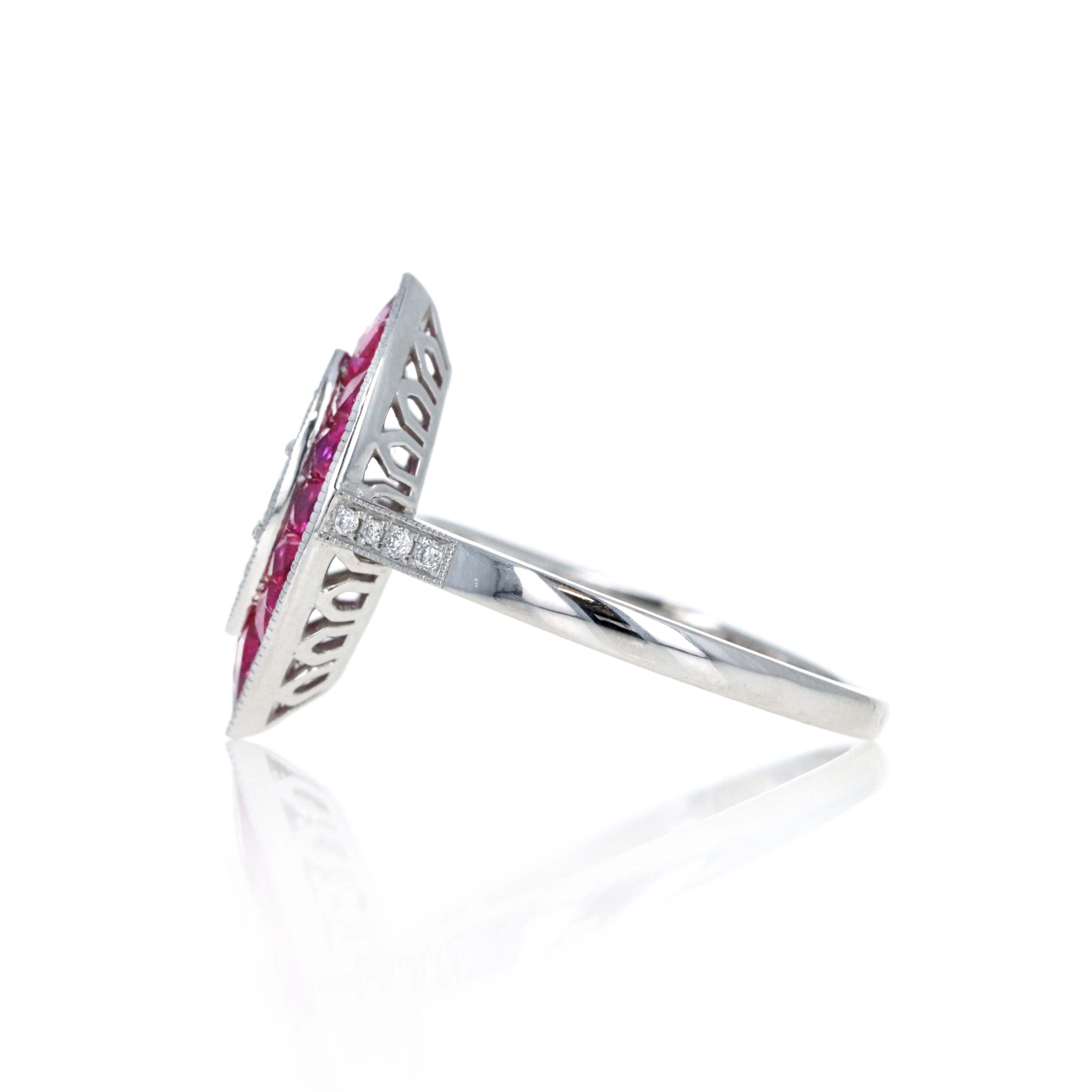Art Deco Inspired 18K White Gold Princess Diamond Ruby Halo Marquise Ring - Queen May