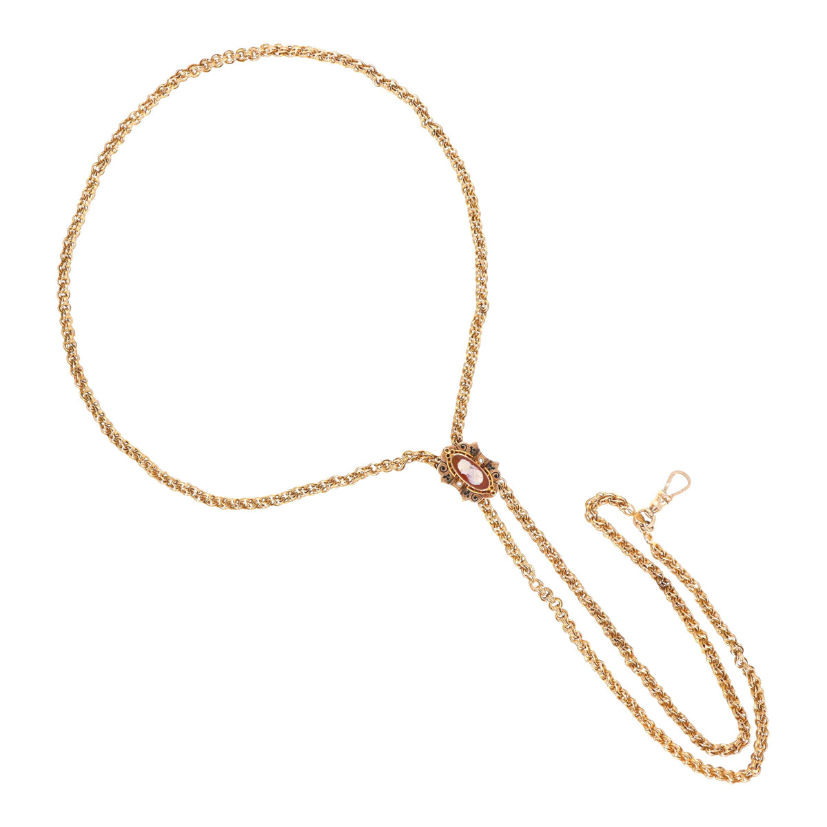 Victorian 14K Yellow Gold Cameo Watch Chain Lariat Necklace - Queen May