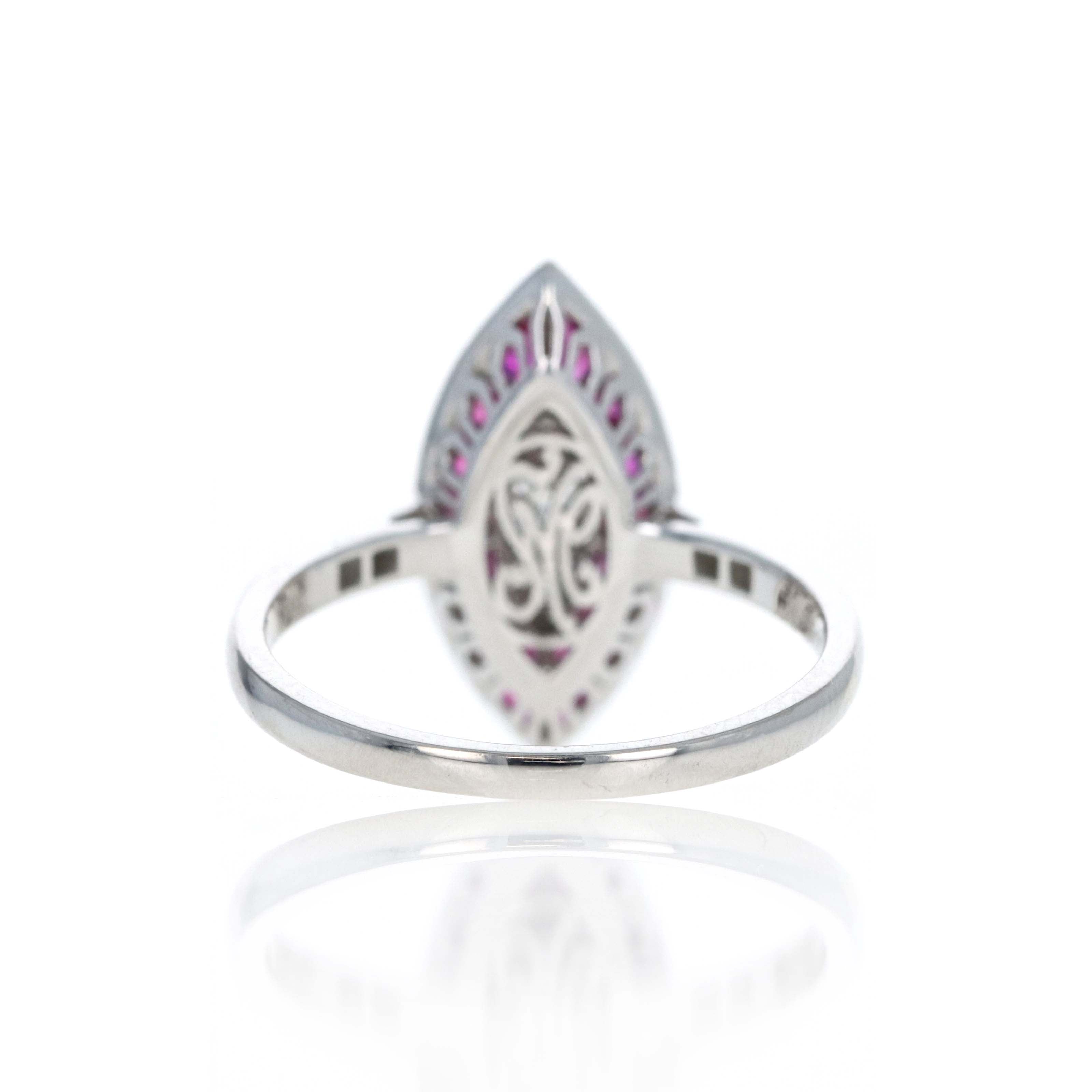 Art Deco Inspired 18K White Gold Princess Diamond Ruby Halo Marquise Ring - Queen May