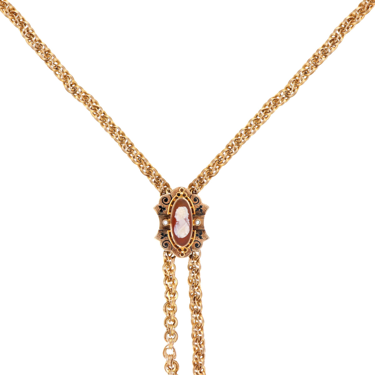 Victorian 14K Yellow Gold Cameo Watch Chain Lariat Necklace - Queen May