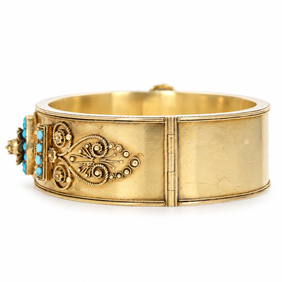 Victorian Etruscan Revival 14K Yellow Gold Turquoise Bangle - Queen May