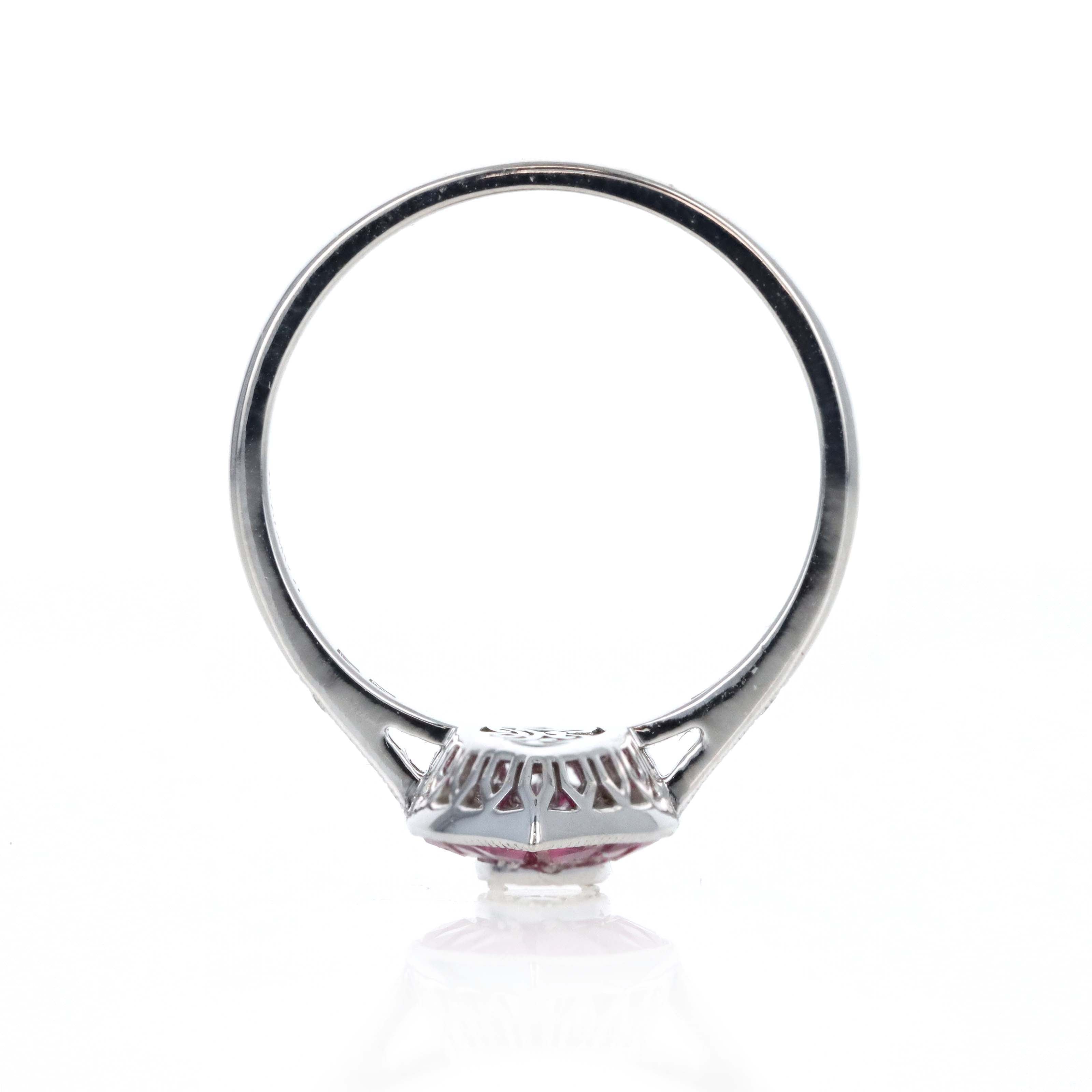 Art Deco Inspired 18K White Gold Princess Diamond Ruby Halo Marquise Ring - Queen May