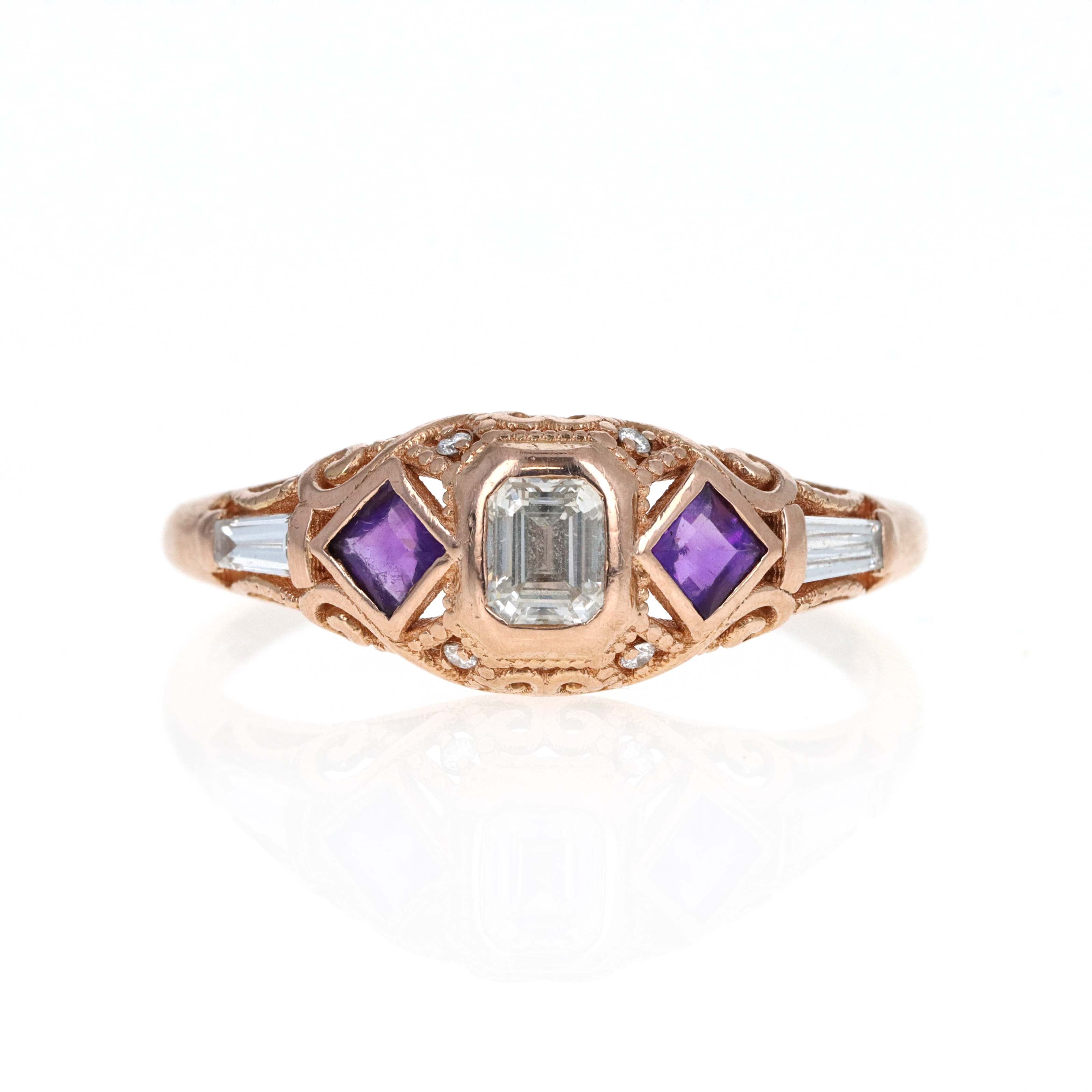 14K Rose Gold 0.40 Carat Emerald Diamond Amethyst Accented Engagement Ring - Queen May
